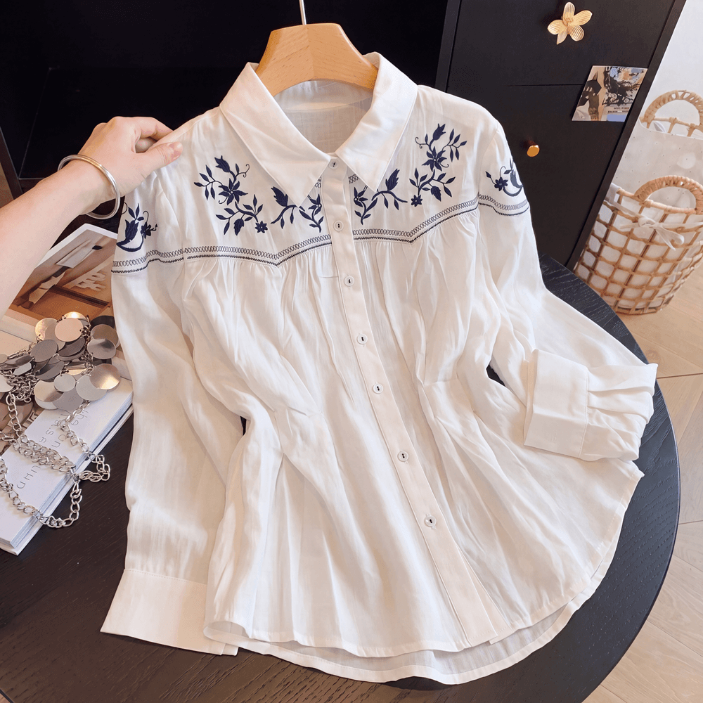 실사 있음 선적 봄 가을 새로운 국풍 POLO 칼라 문예 고급 화이트 무거운 작업 자수 긴팔 셔츠 이미지 4
