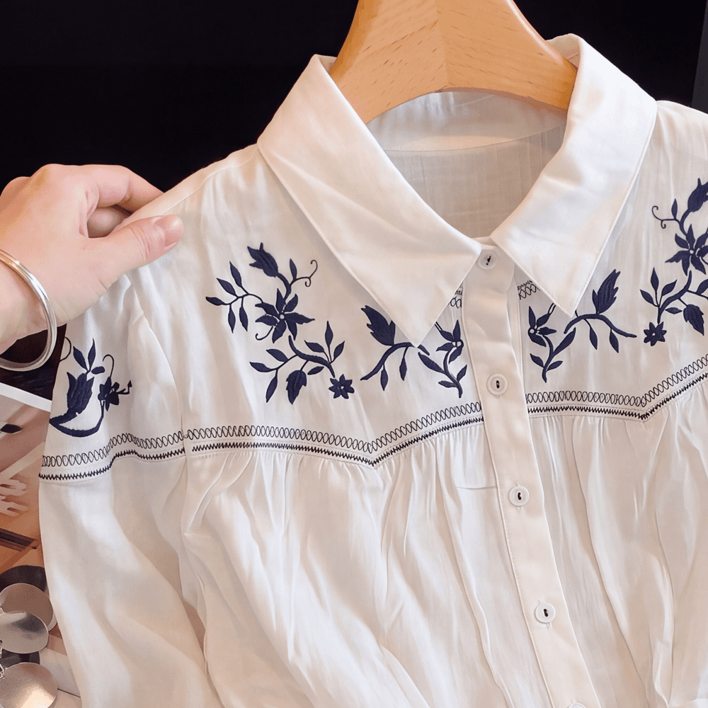 실사 있음 선적 봄 가을 새로운 국풍 POLO 칼라 문예 고급 화이트 무거운 작업 자수 긴팔 셔츠 이미지 3
