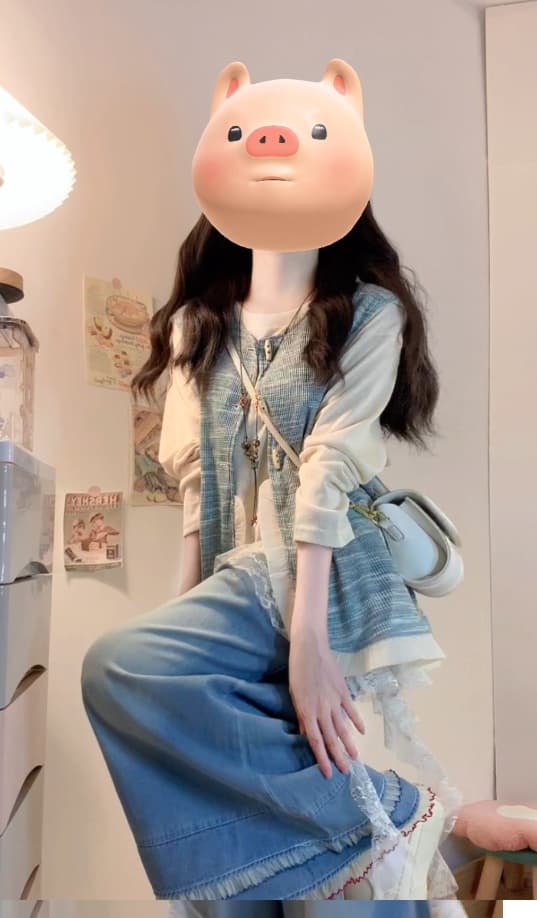 실사 빅 사이즈 여성 의류 지방 mm 센 부서 문예 여성 불규칙 레이스 레이스 베스트 청바지 3종 세트 상세 이미지 3