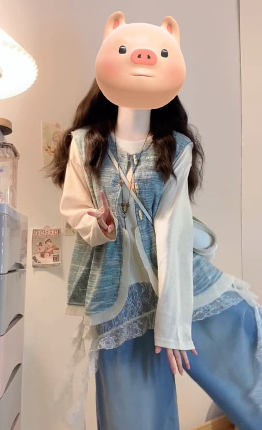 실사 빅 사이즈 여성 의류 지방 mm 센 부서 문예 여성 불규칙 레이스 레이스 베스트 청바지 3종 세트 상세 이미지 14