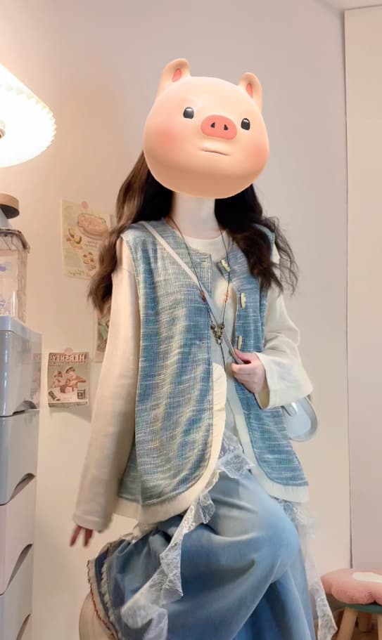 실사 빅 사이즈 여성 의류 지방 mm 센 부서 문예 여성 불규칙 레이스 레이스 베스트 청바지 3종 세트 상세 이미지 15