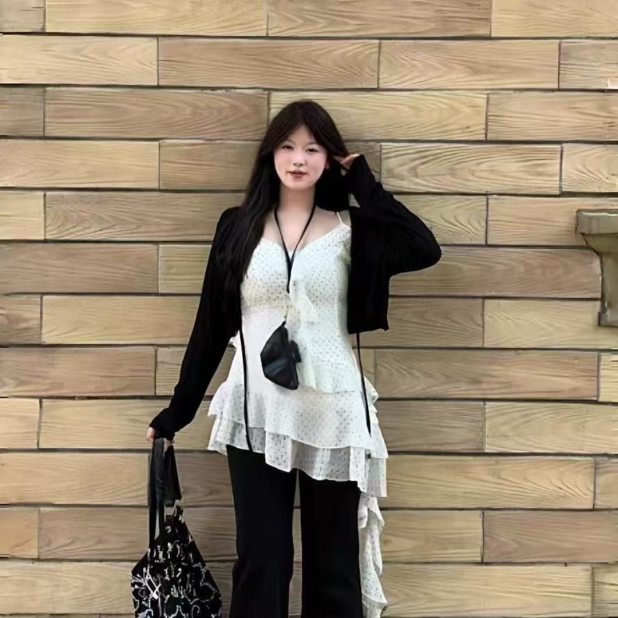 빅 사이즈 프랑스식 화이트 도트 무늬 불규칙 캐미솔 지방 mm 표지 고기 슬림해 보이는 민소매 만나는 맨위 이미지 6