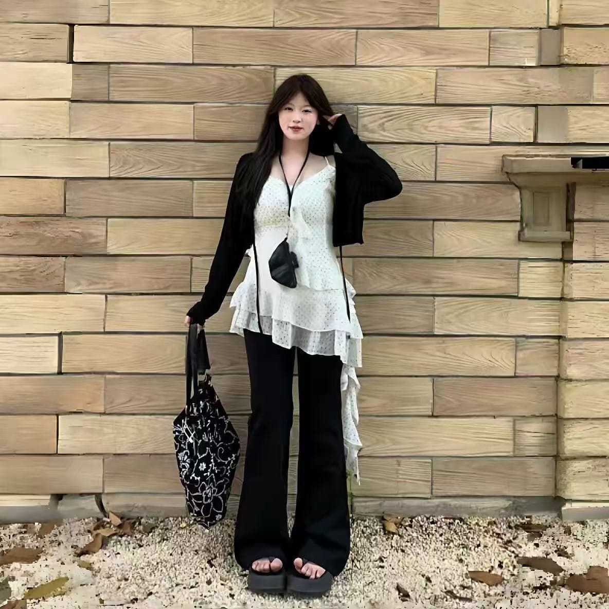 빅 사이즈 프랑스식 화이트 도트 무늬 불규칙 캐미솔 지방 mm 표지 고기 슬림해 보이는 민소매 만나는 맨위 상세 이미지 3