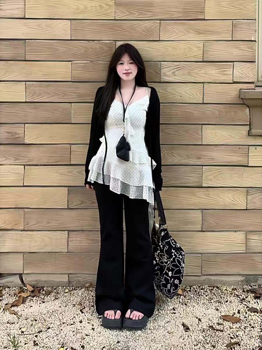 빅 사이즈 프랑스식 화이트 도트 무늬 불규칙 캐미솔 지방 mm 표지 고기 슬림해 보이는 민소매 만나는 맨위 상세 이미지 4