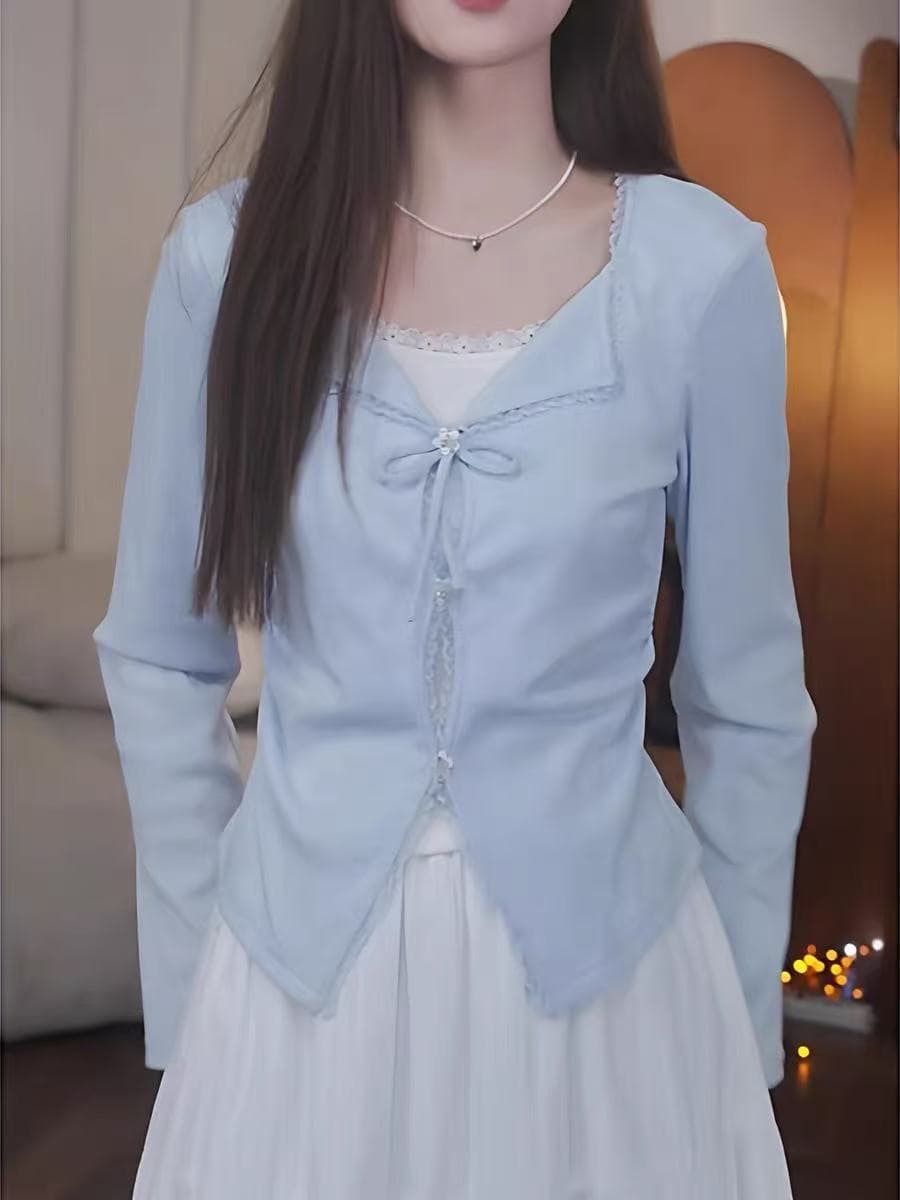 빅 사이즈 디자인 센스 페이크 레이어드 나비 넥타이 긴팔 티셔츠 여성 2026 새로운 표지 고기 슬림해 보이는 파란색 맨위 이미지 4
