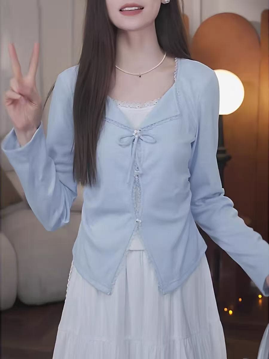 빅 사이즈 디자인 센스 페이크 레이어드 나비 넥타이 긴팔 티셔츠 여성 2026 새로운 표지 고기 슬림해 보이는 파란색 맨위 이미지 2