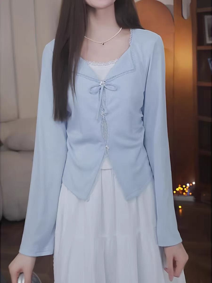 빅 사이즈 디자인 센스 페이크 레이어드 나비 넥타이 긴팔 티셔츠 여성 2026 새로운 표지 고기 슬림해 보이는 파란색 맨위 이미지 3