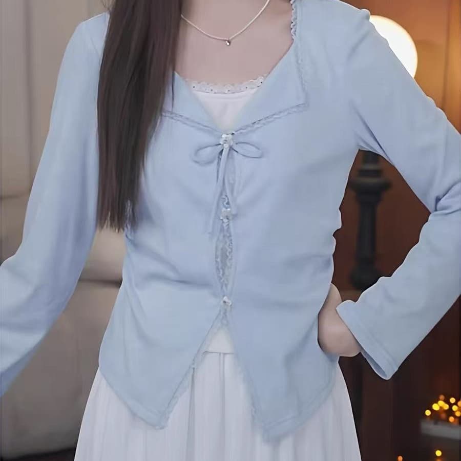 빅 사이즈 디자인 센스 페이크 레이어드 나비 넥타이 긴팔 티셔츠 여성 2026 새로운 표지 고기 슬림해 보이는 파란색 맨위 이미지 6