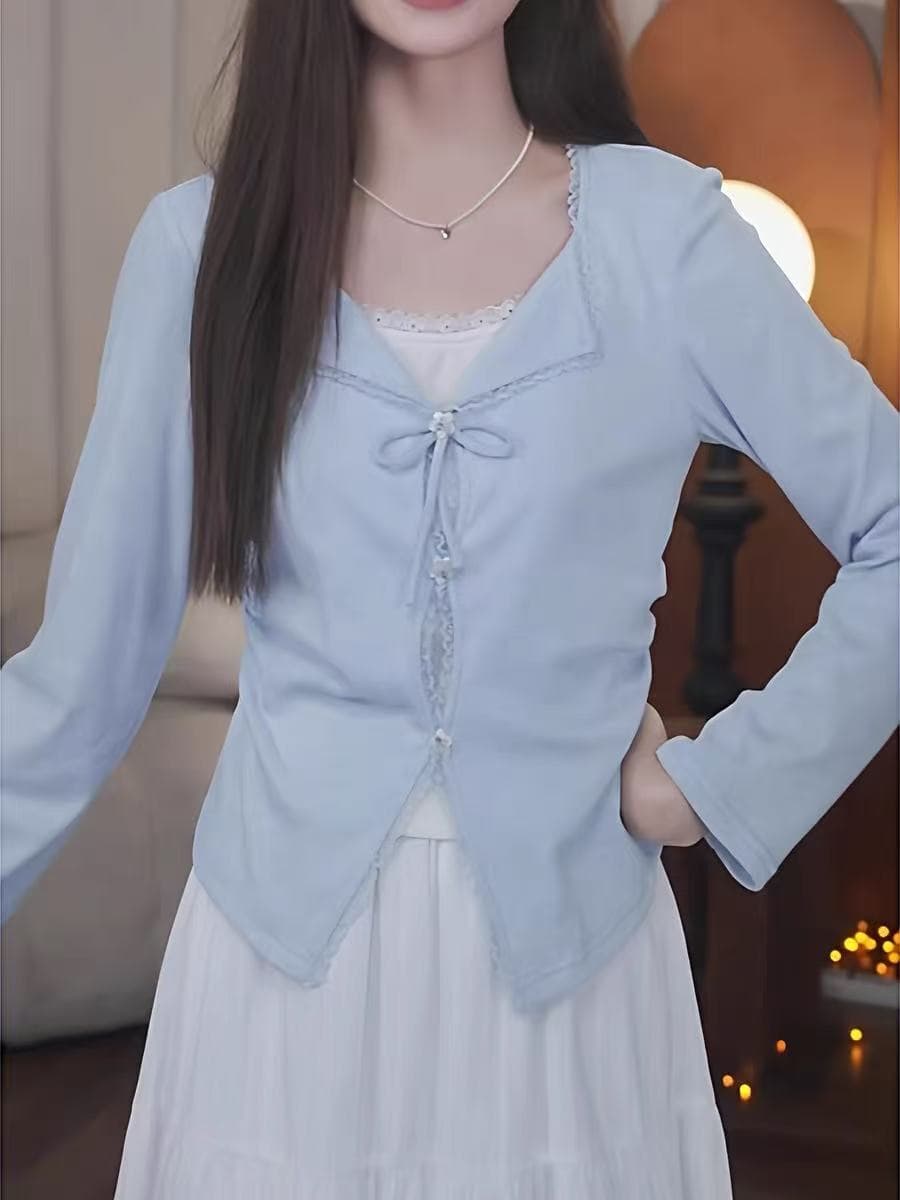 빅 사이즈 디자인 센스 페이크 레이어드 나비 넥타이 긴팔 티셔츠 여성 2026 새로운 표지 고기 슬림해 보이는 파란색 맨위 상세 이미지 4