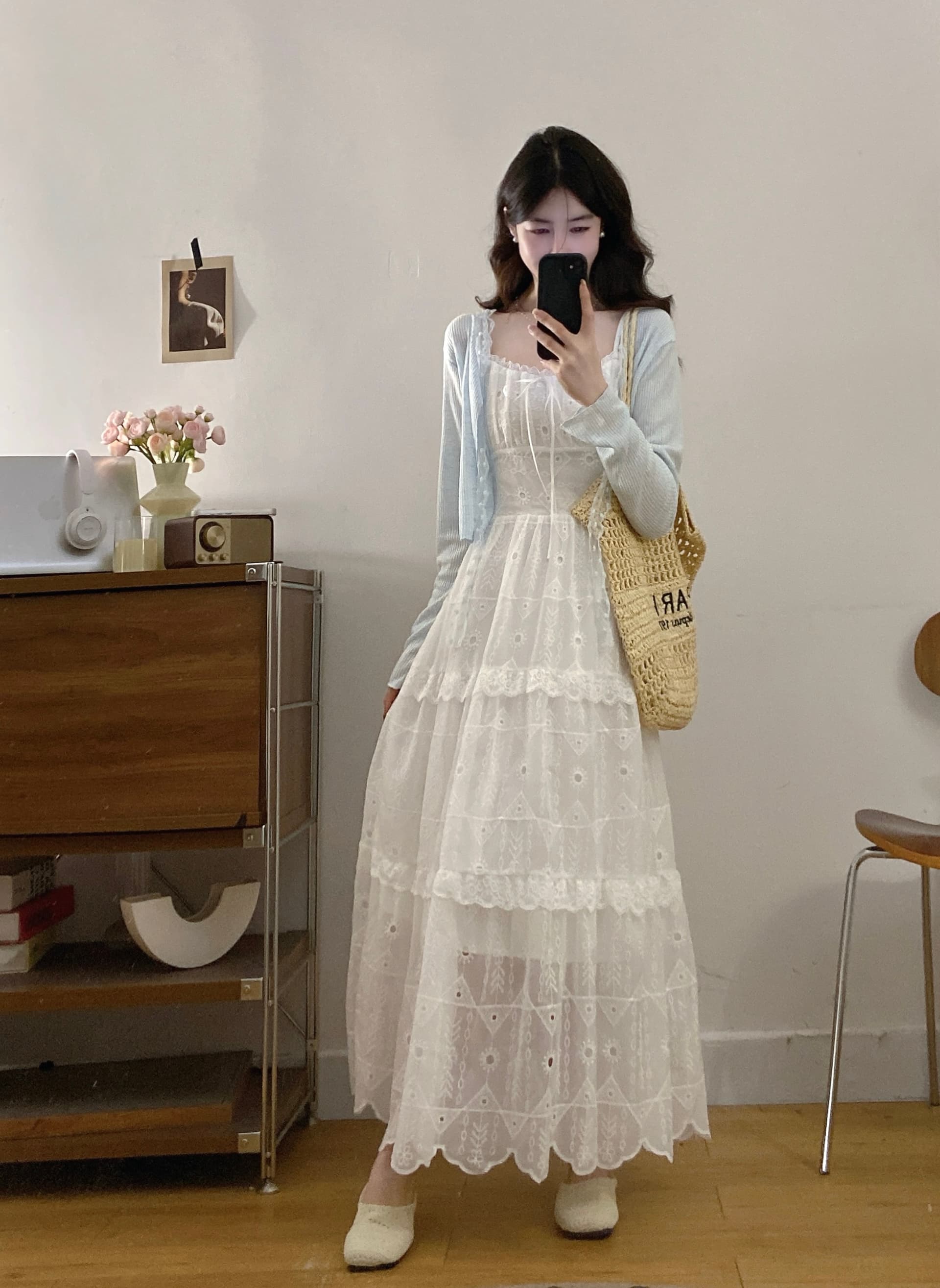 실사 빅 사이즈 부드러운 바람 레이스 자수 슬립 드레스 여성 지방 mm 여름 스택 착용 휴가 니트 오픈 가디건 투피스 세트