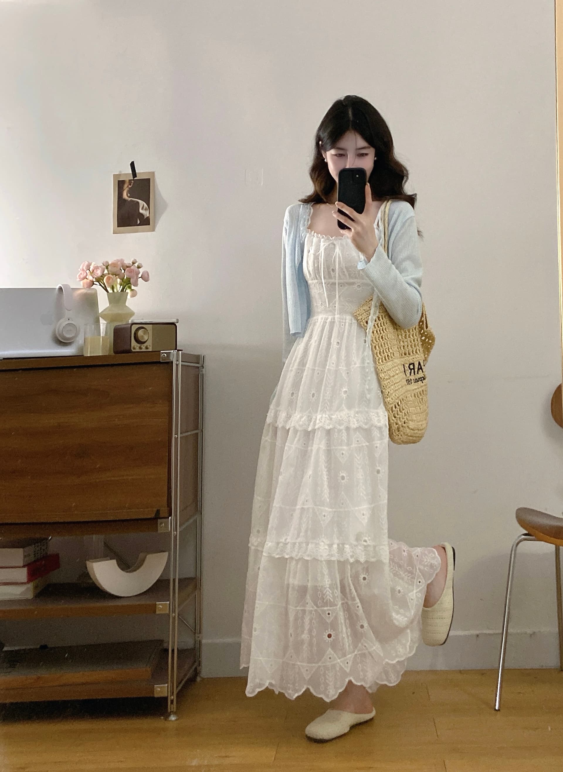 실사 빅 사이즈 부드러운 바람 레이스 자수 슬립 드레스 여성 지방 mm 여름 스택 착용 휴가 니트 오픈 가디건 투피스 세트 상세 이미지 4