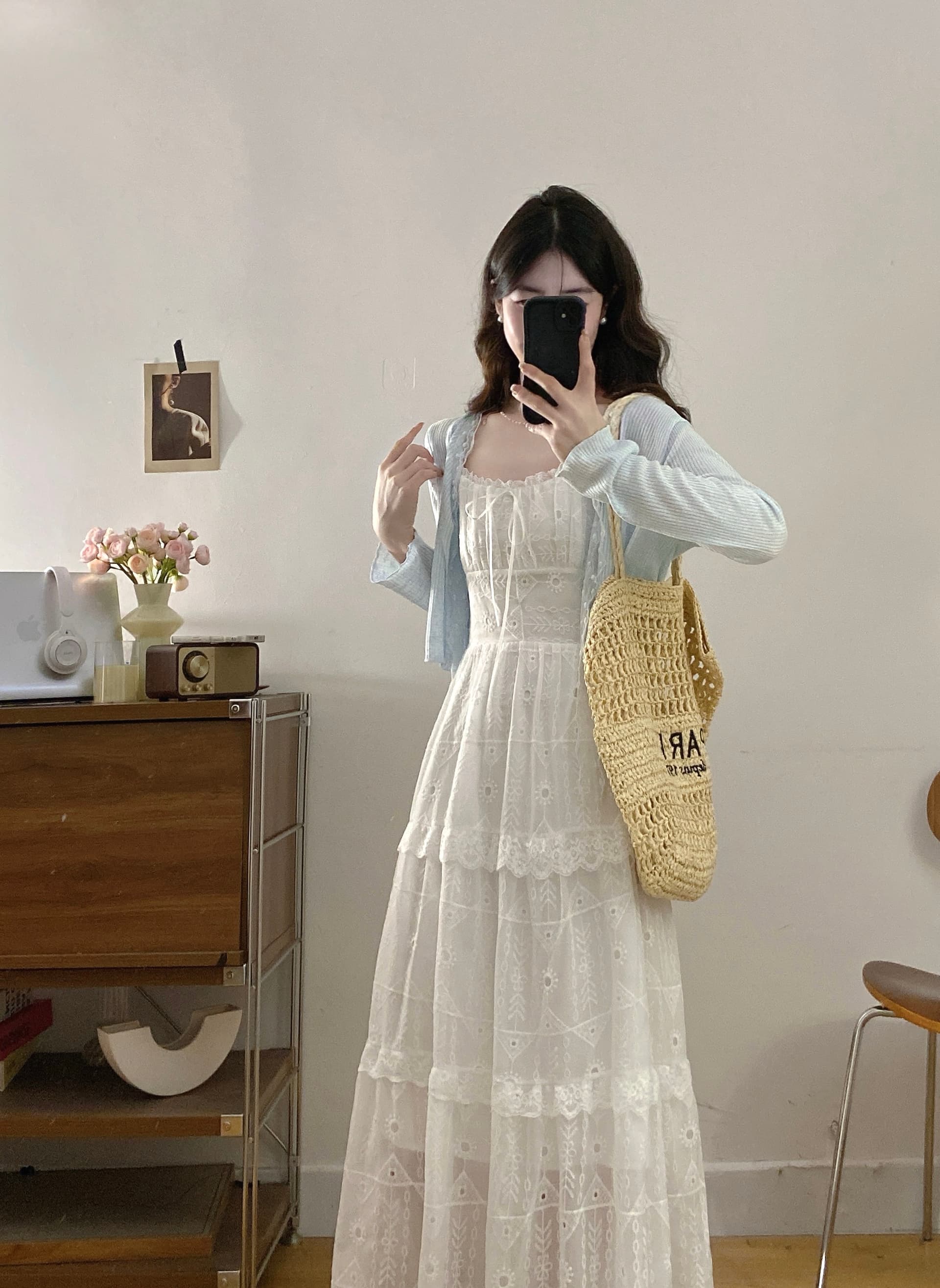 실사 빅 사이즈 부드러운 바람 레이스 자수 슬립 드레스 여성 지방 mm 여름 스택 착용 휴가 니트 오픈 가디건 투피스 세트 상세 이미지 7