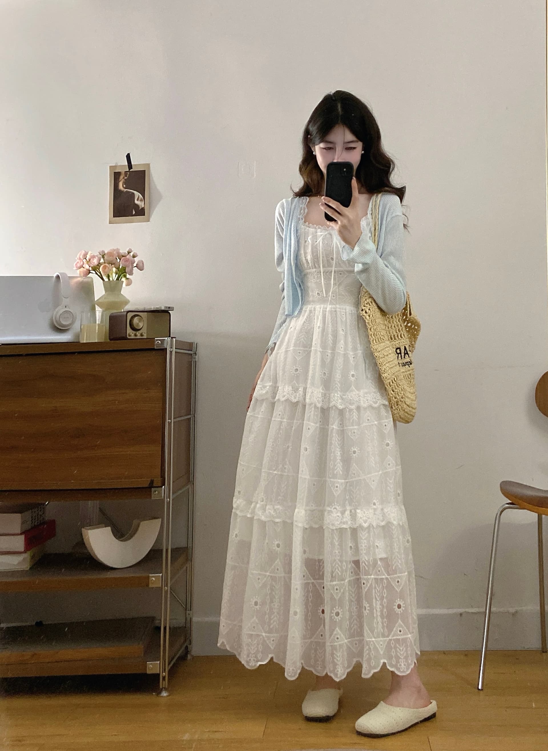 실사 빅 사이즈 부드러운 바람 레이스 자수 슬립 드레스 여성 지방 mm 여름 스택 착용 휴가 니트 오픈 가디건 투피스 세트 상세 이미지 8
