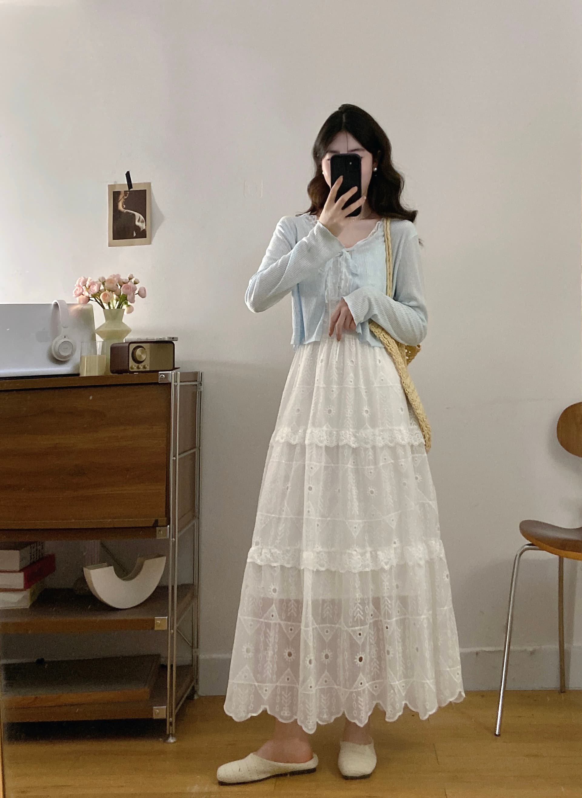 실사 빅 사이즈 부드러운 바람 레이스 자수 슬립 드레스 여성 지방 mm 여름 스택 착용 휴가 니트 오픈 가디건 투피스 세트 상세 이미지 11