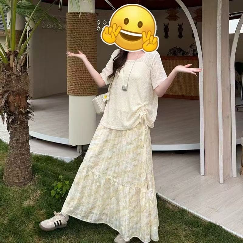 2026 여름 드레스 새로운 지방 mm 빅 사이즈 여성 캐미솔 스택 착용 니트 반팔 반신 스커트 3종 세트 이미지 2
