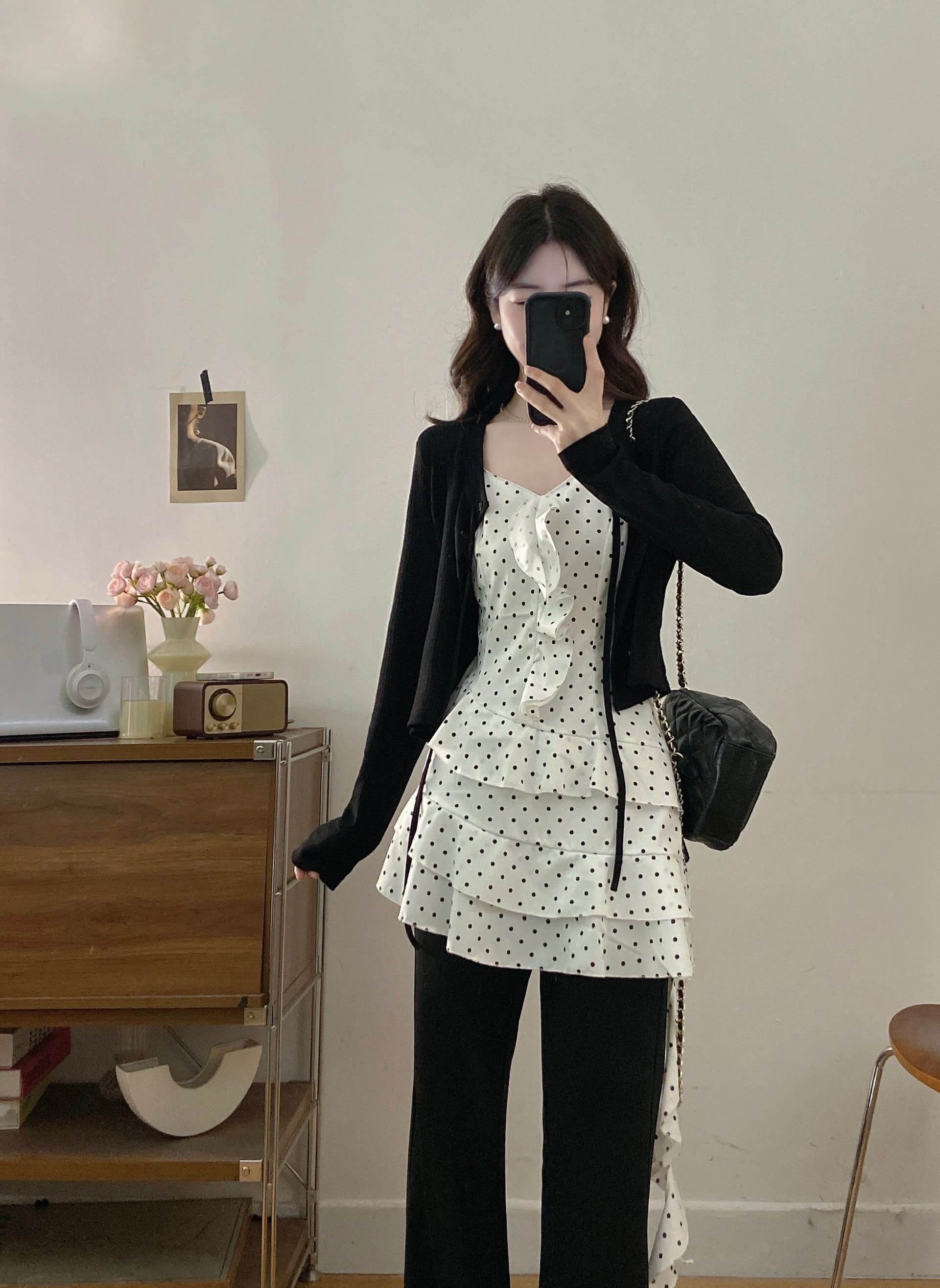 실사 빅 사이즈 프랑스식 화이트 도트 무늬 불규칙 캐미솔 지방 mm 표지 고기 슬림해 보이는 민소매 만나는 맨위 상세 이미지 8
