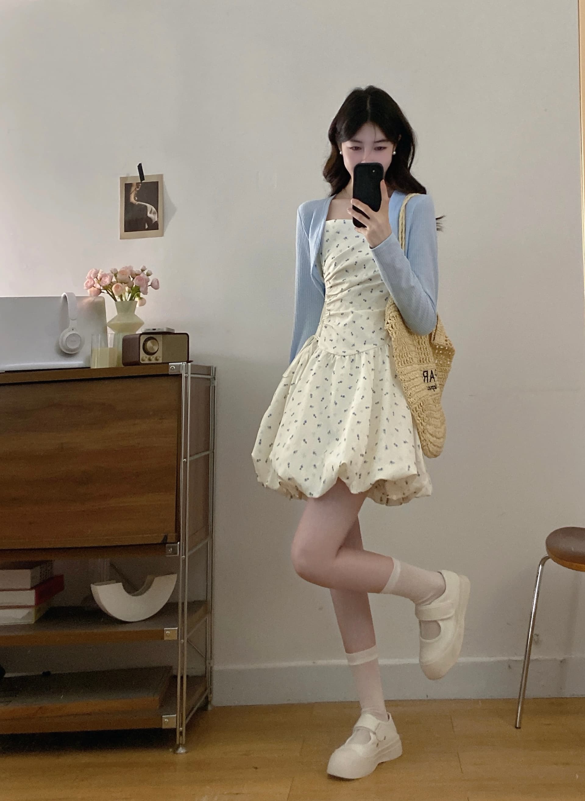 실사 달콤함 귀여운 소녀 꽃무늬 스트랩 여성 드레스 여름 새로운 쇼트 스타일 자외선 차단 오픈 가디건 투피스 슈트 이미지 3