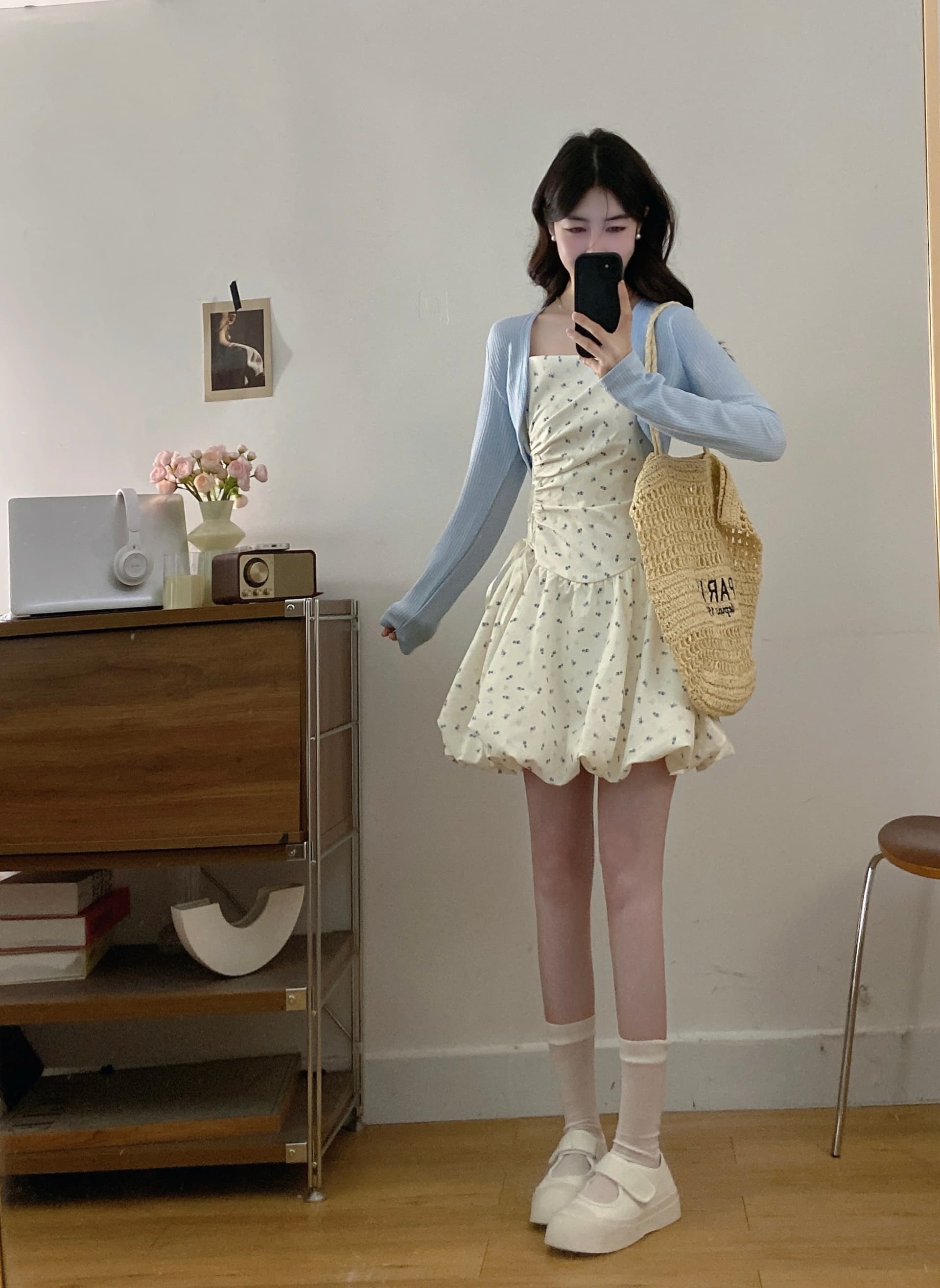 실사 달콤함 귀여운 소녀 꽃무늬 스트랩 여성 드레스 여름 새로운 쇼트 스타일 자외선 차단 오픈 가디건 투피스 슈트 이미지 4