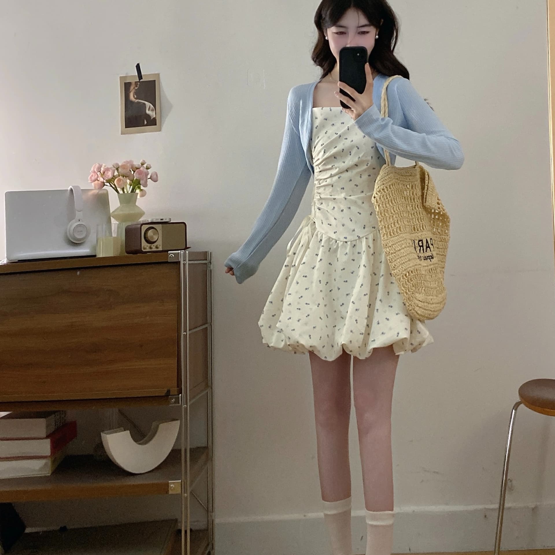 실사 달콤함 귀여운 소녀 꽃무늬 스트랩 여성 드레스 여름 새로운 쇼트 스타일 자외선 차단 오픈 가디건 투피스 슈트 이미지 5