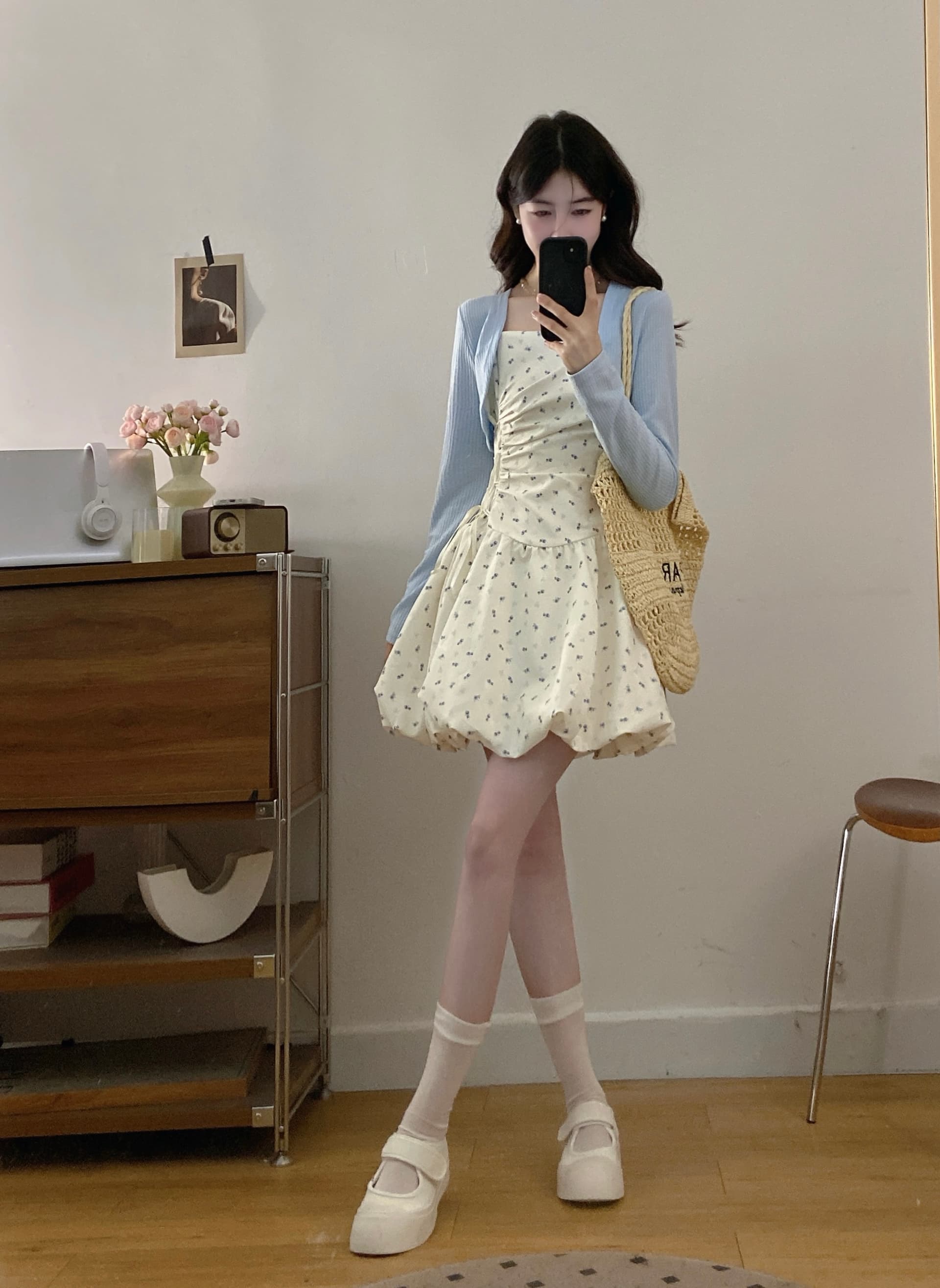 실사 달콤함 귀여운 소녀 꽃무늬 스트랩 여성 드레스 여름 새로운 쇼트 스타일 자외선 차단 오픈 가디건 투피스 슈트 상세 이미지 3
