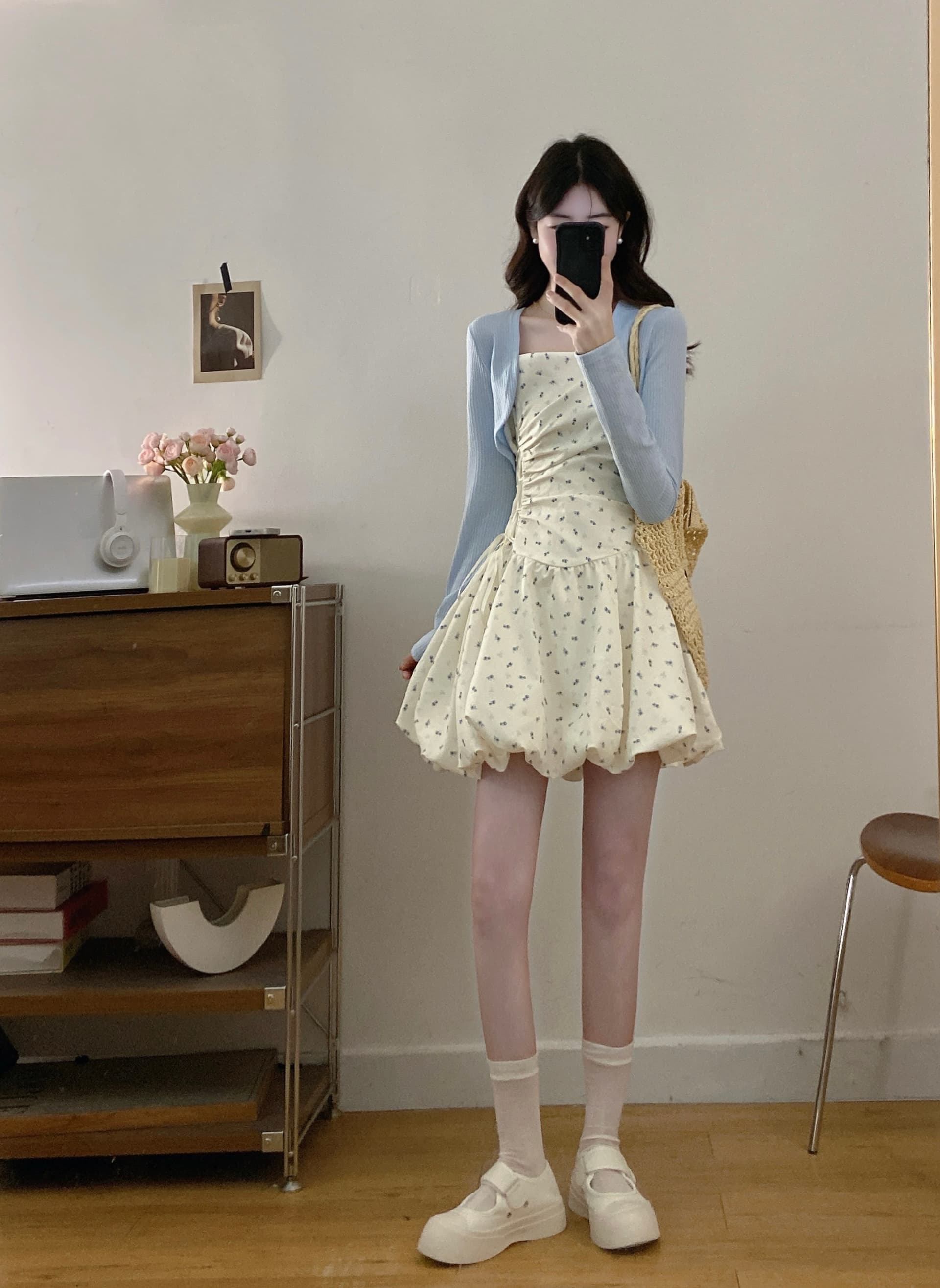 실사 달콤함 귀여운 소녀 꽃무늬 스트랩 여성 드레스 여름 새로운 쇼트 스타일 자외선 차단 오픈 가디건 투피스 슈트 상세 이미지 4
