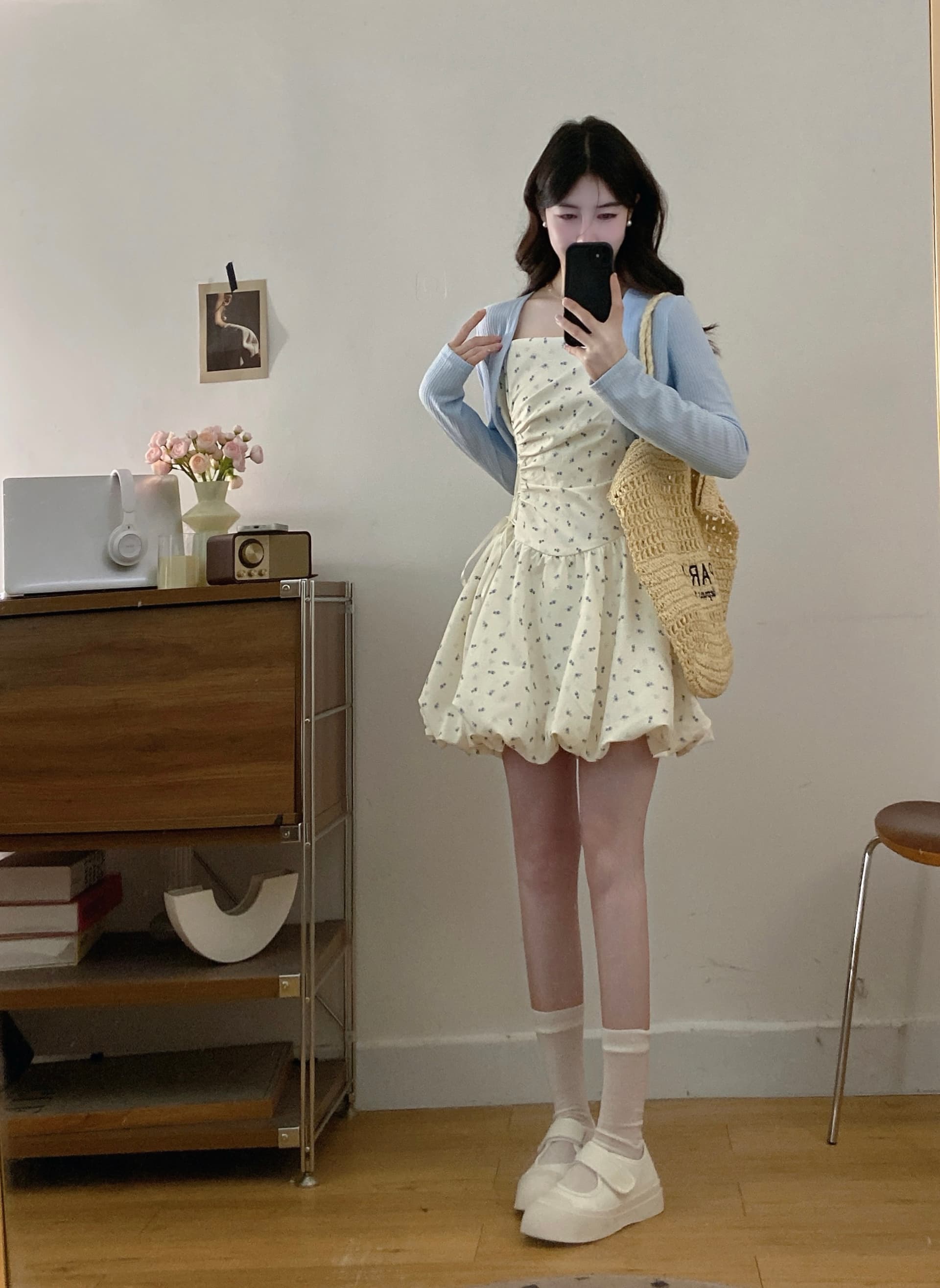 실사 달콤함 귀여운 소녀 꽃무늬 스트랩 여성 드레스 여름 새로운 쇼트 스타일 자외선 차단 오픈 가디건 투피스 슈트 상세 이미지 6