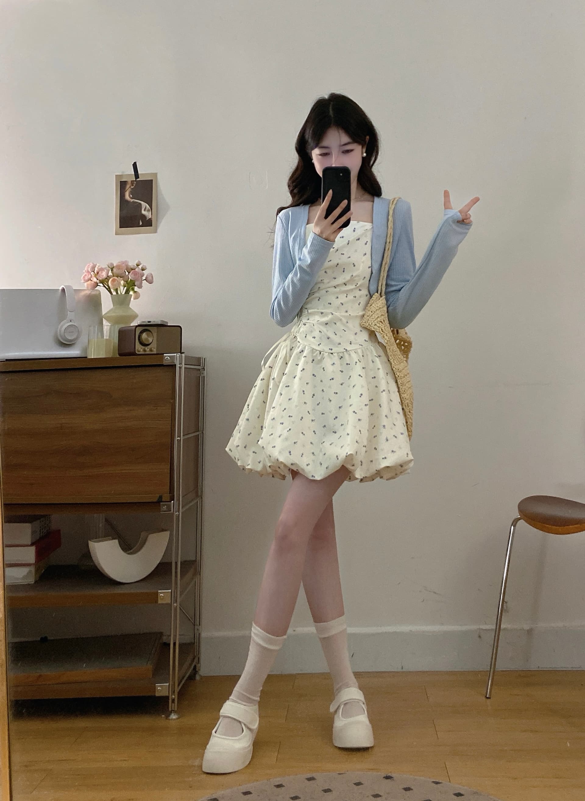 실사 달콤함 귀여운 소녀 꽃무늬 스트랩 여성 드레스 여름 새로운 쇼트 스타일 자외선 차단 오픈 가디건 투피스 슈트 상세 이미지 7