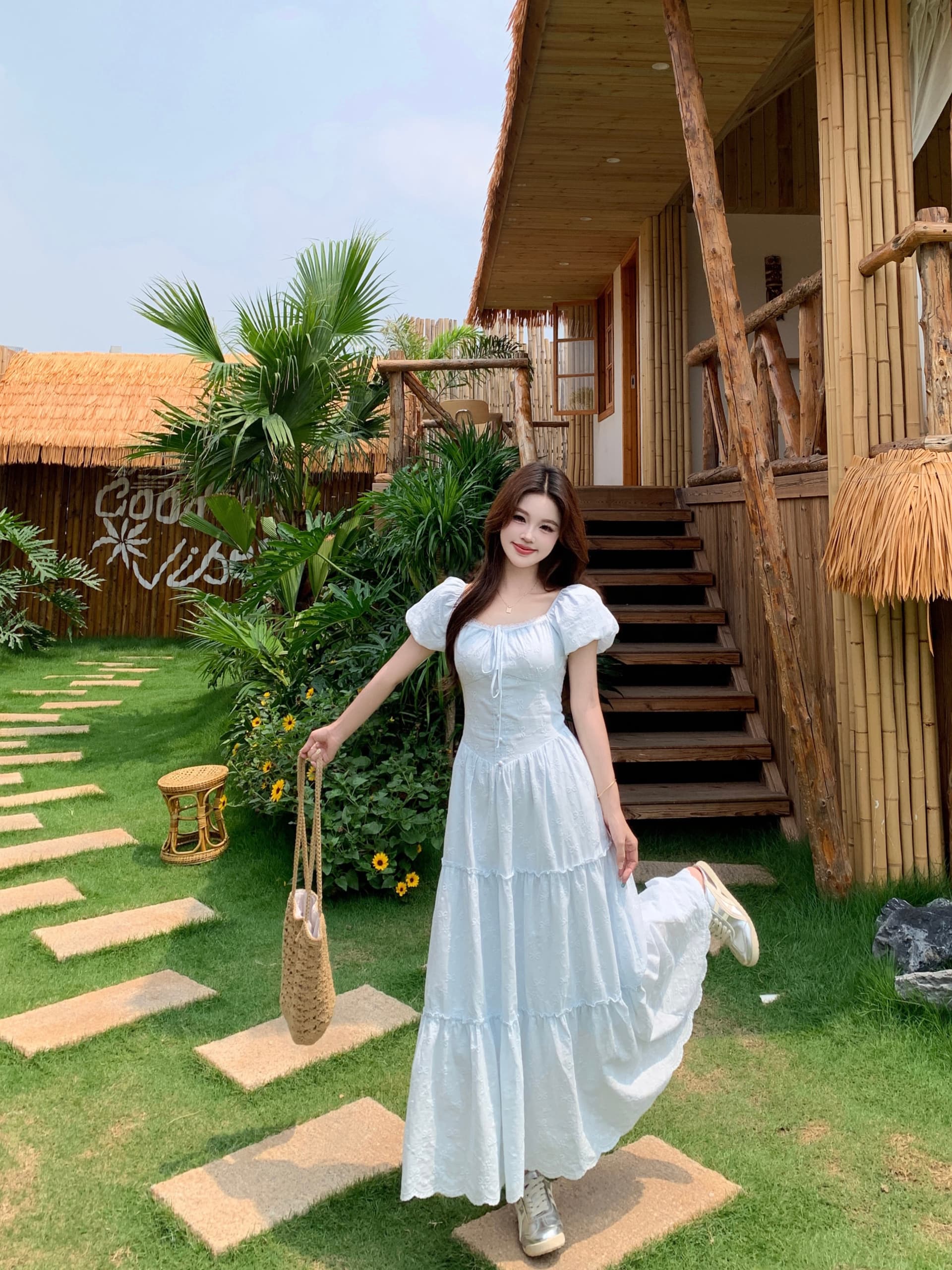 실사 프랑스식 부드러운 바람 하얀 달빛 첫사랑 여성 드레스 여름 새로운 달콤한 미국 칼라 거품 소매 롱 스커트 이미지 2