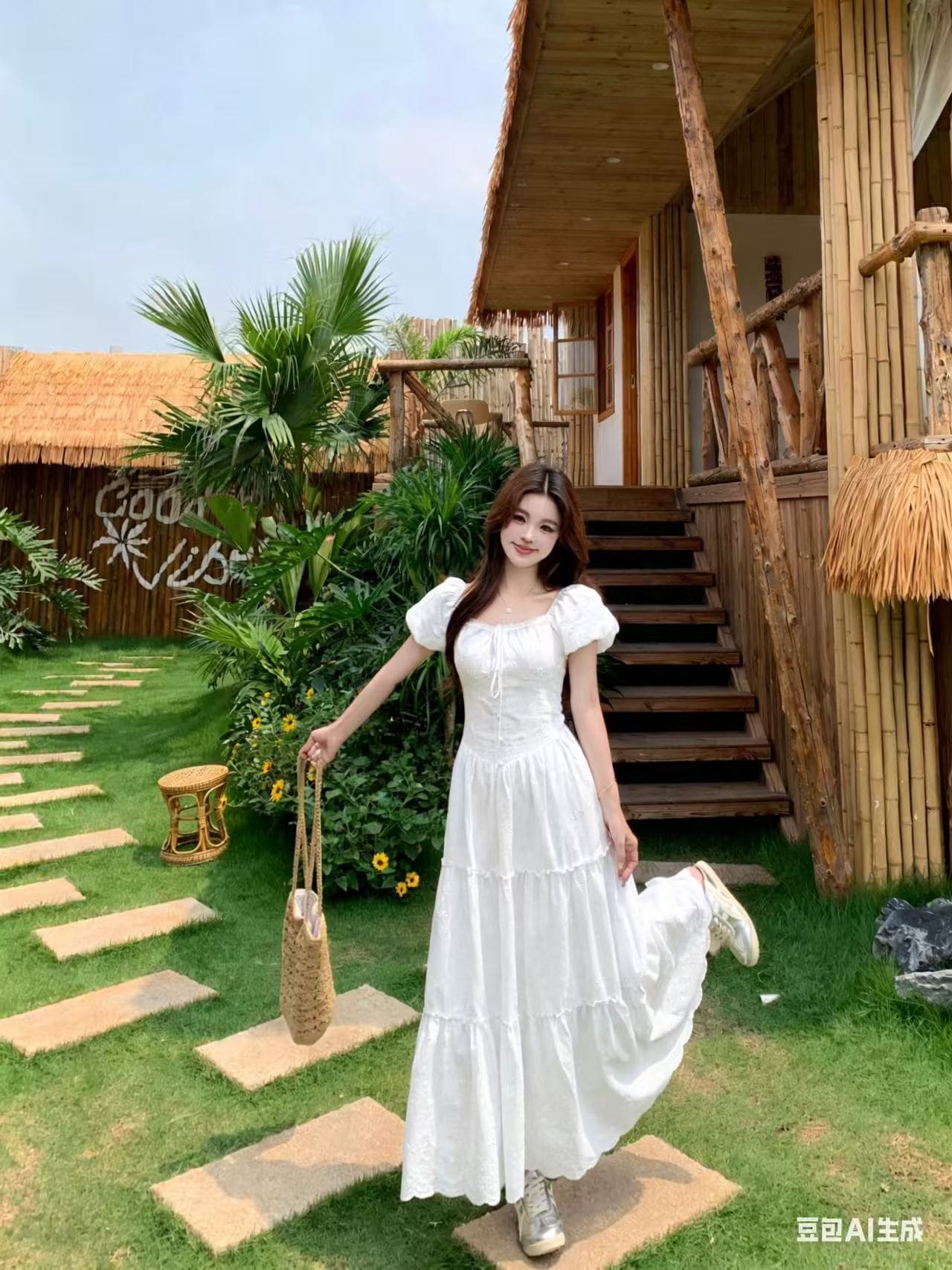 실사 프랑스식 부드러운 바람 하얀 달빛 첫사랑 여성 드레스 여름 새로운 달콤한 미국 칼라 거품 소매 롱 스커트 상세 이미지 2