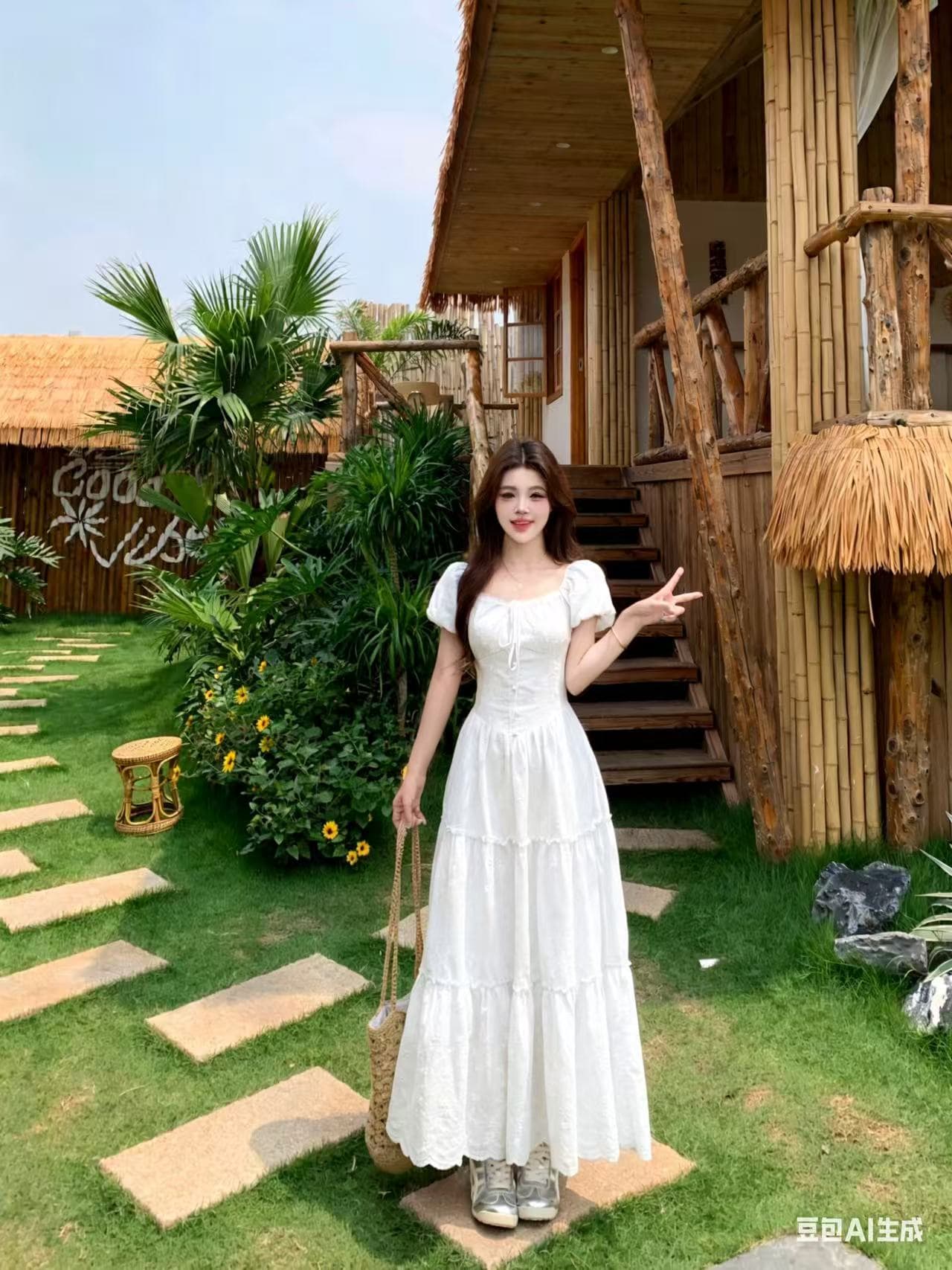 실사 프랑스식 부드러운 바람 하얀 달빛 첫사랑 여성 드레스 여름 새로운 달콤한 미국 칼라 거품 소매 롱 스커트 상세 이미지 4