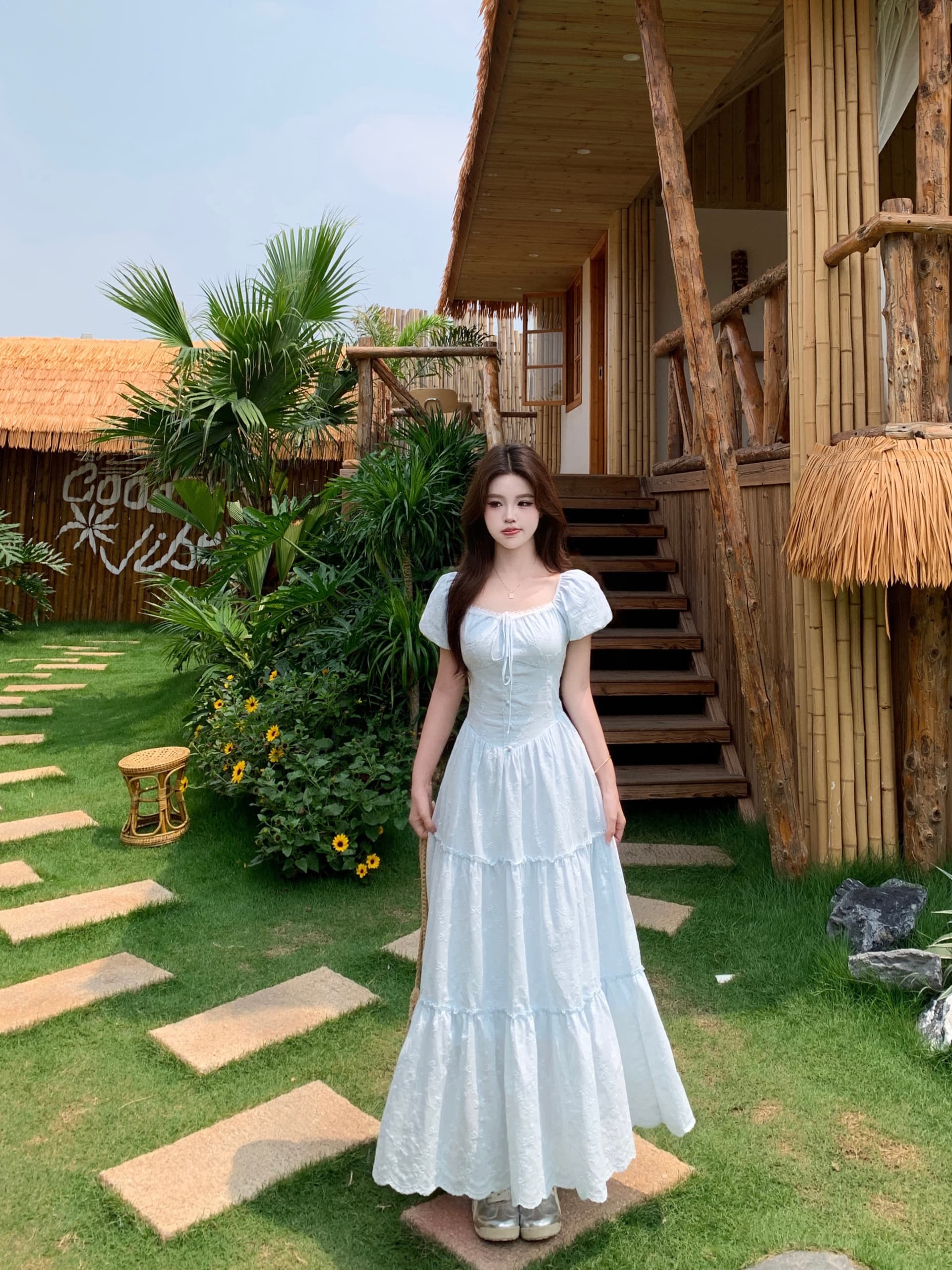 실사 프랑스식 부드러운 바람 하얀 달빛 첫사랑 여성 드레스 여름 새로운 달콤한 미국 칼라 거품 소매 롱 스커트 상세 이미지 6