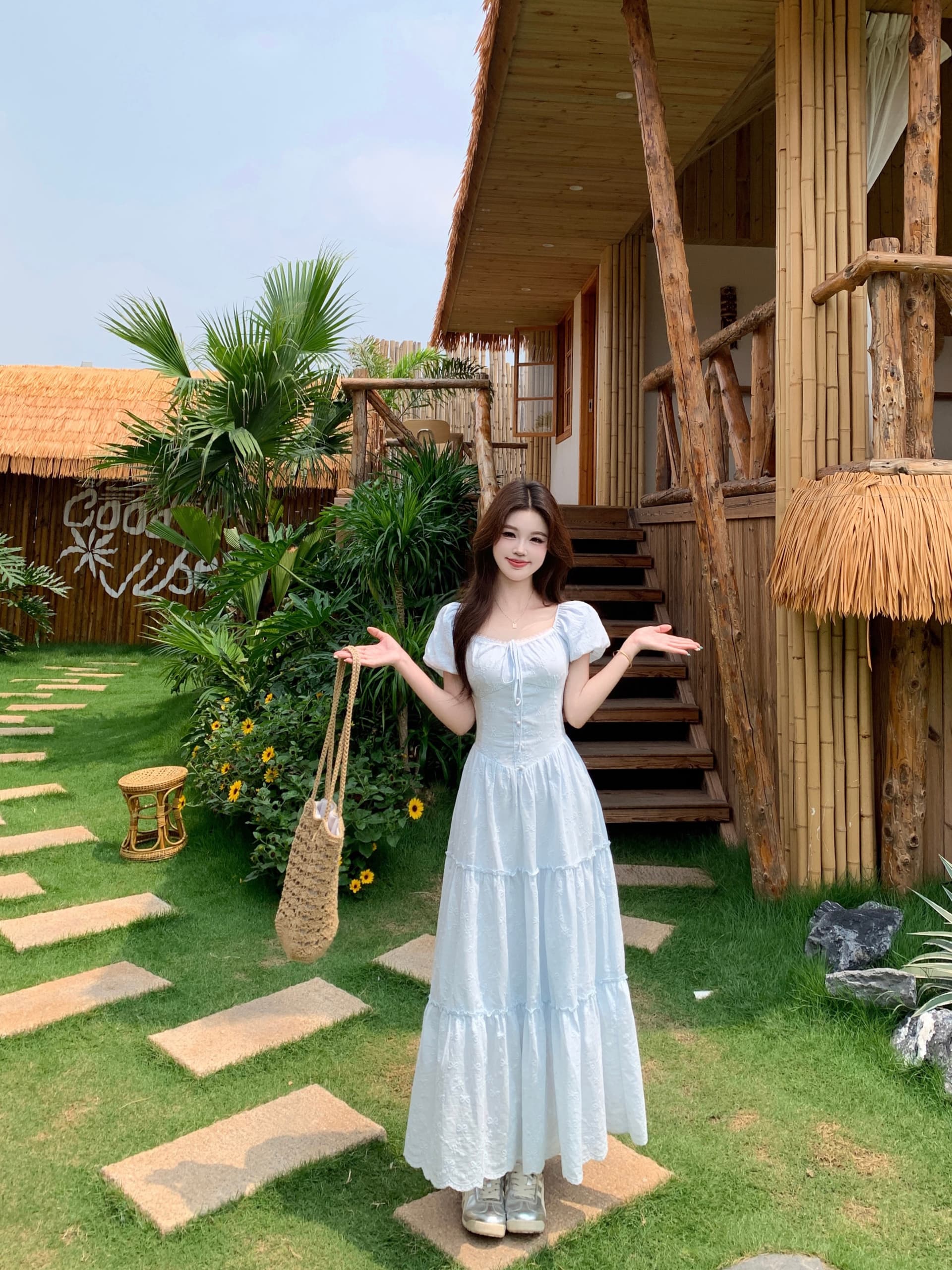 실사 프랑스식 부드러운 바람 하얀 달빛 첫사랑 여성 드레스 여름 새로운 달콤한 미국 칼라 거품 소매 롱 스커트 상세 이미지 8