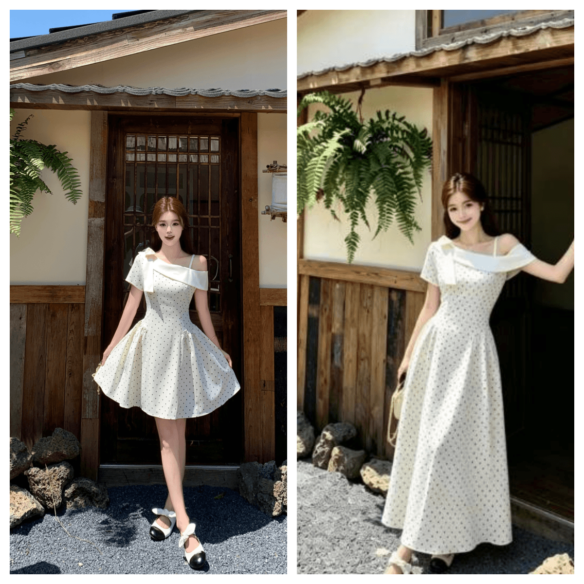 실사 빅 사이즈 여성 의류 여름 프랑스식 miu 부서 천 금빛 바람 도트 무늬 비스듬한 칼라 오프숄더 허리 수축 슬림해 보이는 드레스