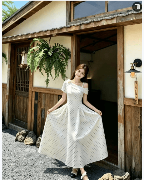 실사 빅 사이즈 여성 의류 여름 프랑스식 miu 부서 천 금빛 바람 도트 무늬 비스듬한 칼라 오프숄더 허리 수축 슬림해 보이는 드레스 이미지 4