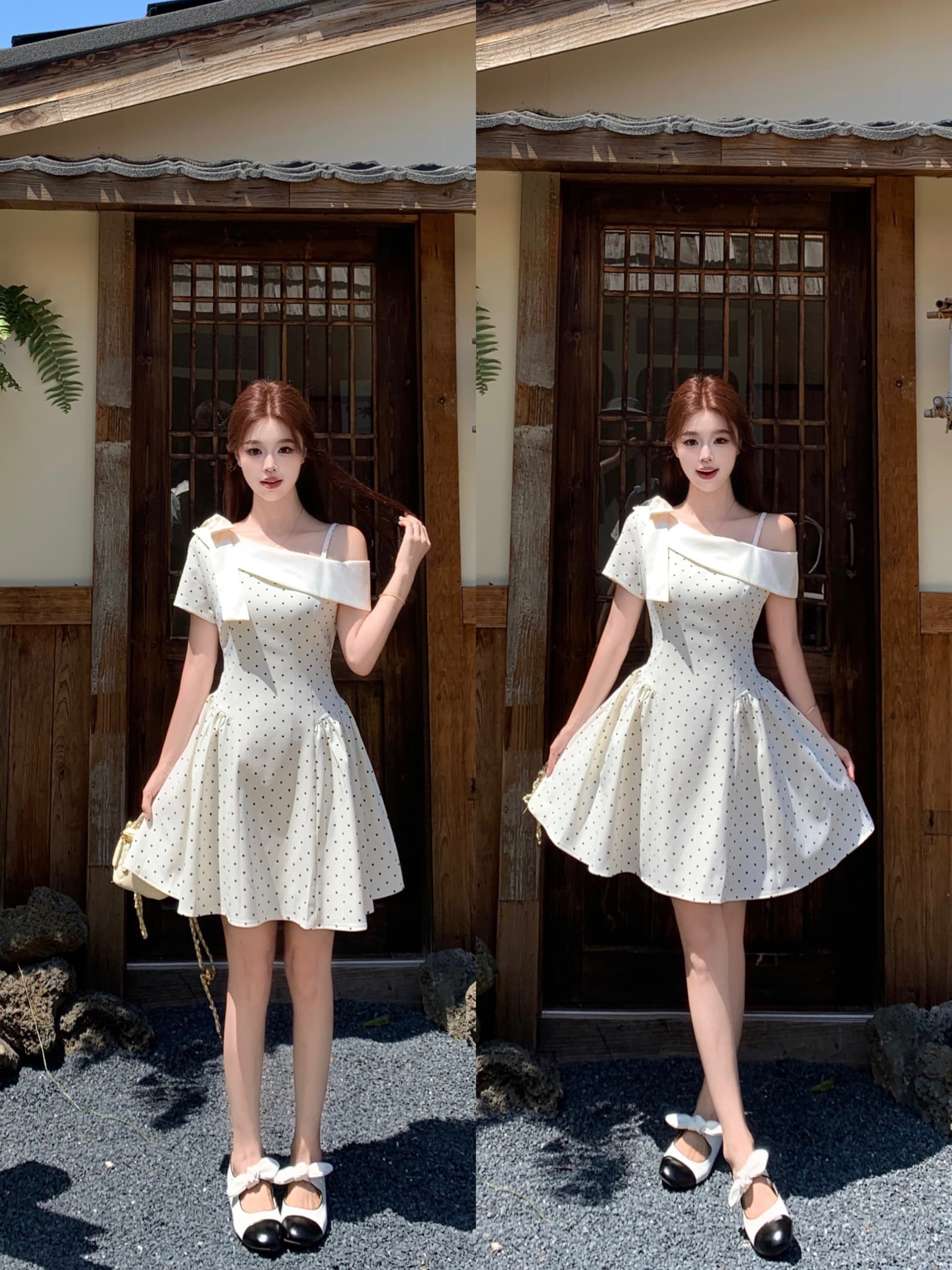 실사 빅 사이즈 여성 의류 여름 프랑스식 miu 부서 천 금빛 바람 도트 무늬 비스듬한 칼라 오프숄더 허리 수축 슬림해 보이는 드레스 상세 이미지 13