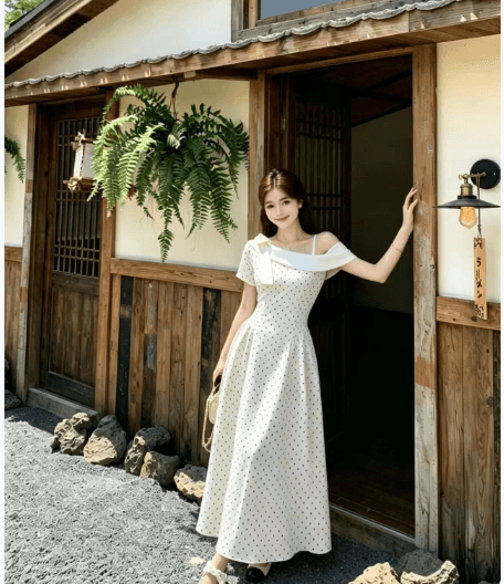 실사 빅 사이즈 여성 의류 여름 프랑스식 miu 부서 천 금빛 바람 도트 무늬 비스듬한 칼라 오프숄더 허리 수축 슬림해 보이는 드레스 상세 이미지 16
