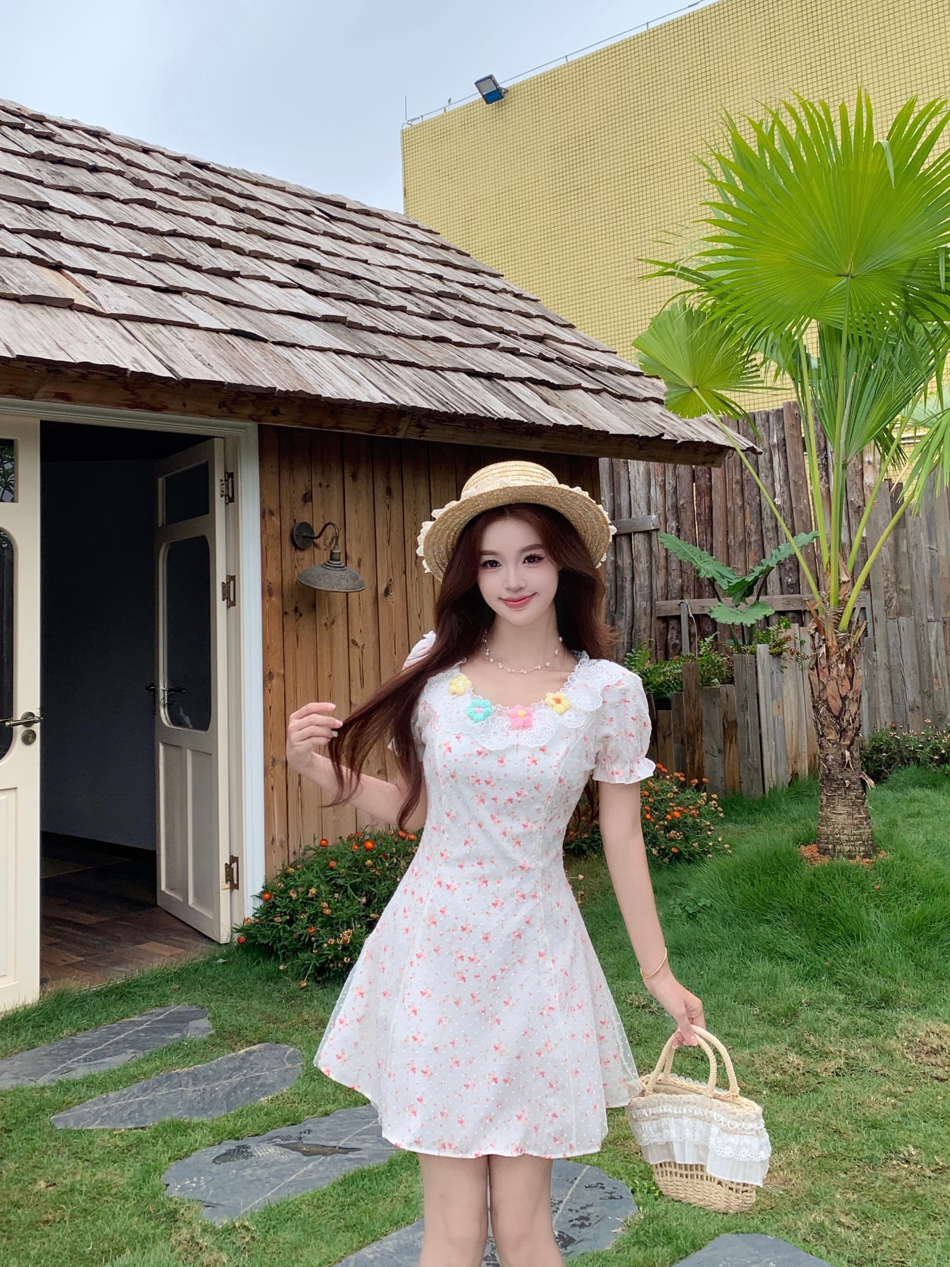 실사 벚꽃 소녀 달콤한 스타일 봄 여름 여성 핑크색 레이스 꽃무늬 허리 수축 슬림해 보이는 점프 슈트 미니 스커트 상세 이미지 14