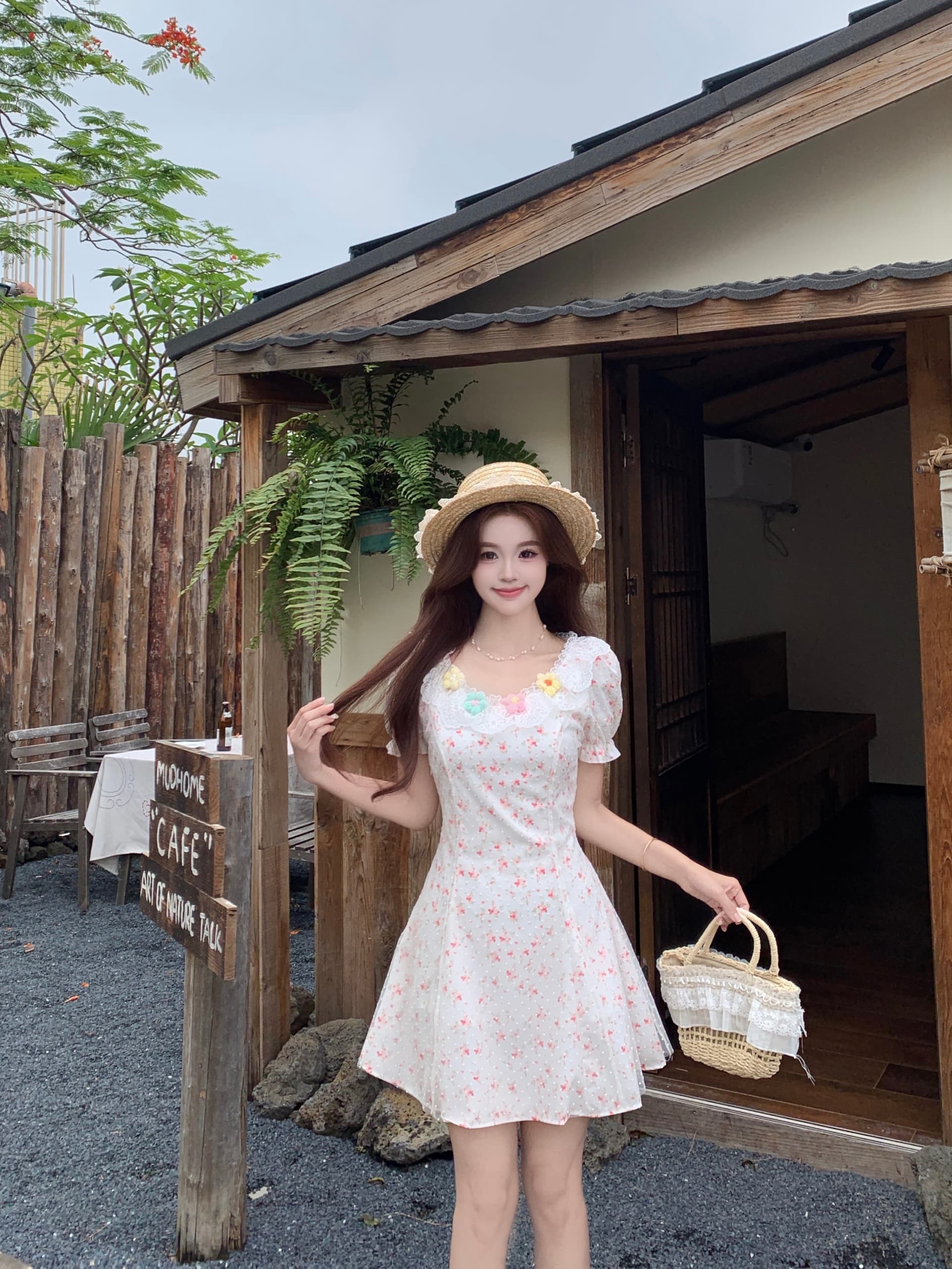 실사 벚꽃 소녀 달콤한 스타일 봄 여름 여성 핑크색 레이스 꽃무늬 허리 수축 슬림해 보이는 점프 슈트 미니 스커트 상세 이미지 21