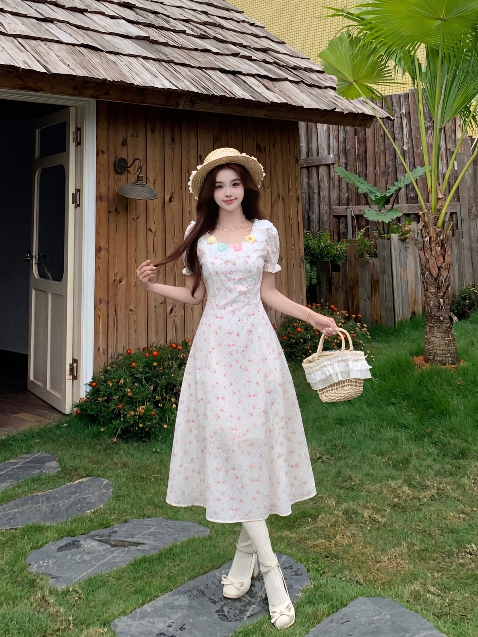 실사 벚꽃 소녀 달콤한 스타일 봄 여름 여성 핑크색 레이스 꽃무늬 허리 수축 슬림해 보이는 점프 슈트 미니 스커트 상세 이미지 3