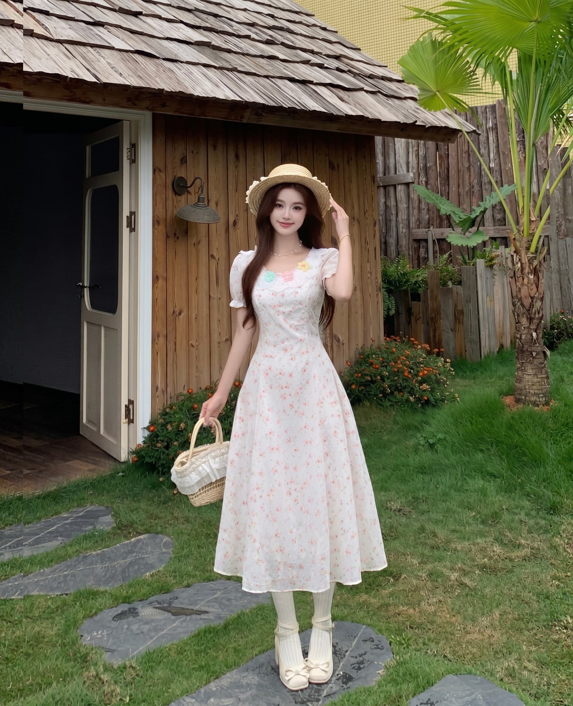 실사 벚꽃 소녀 달콤한 스타일 봄 여름 여성 핑크색 레이스 꽃무늬 허리 수축 슬림해 보이는 점프 슈트 미니 스커트 상세 이미지 4