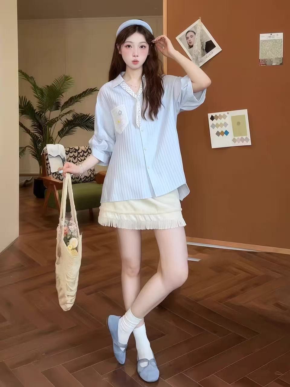 마이크로 지방 mm 레트로 신선함 바람 작은 대중 스트라이프 통기성 프로 피부 다용도 셔츠 빅 사이즈 여성 의류 폴로 칼라 반팔 맨위 이미지 2