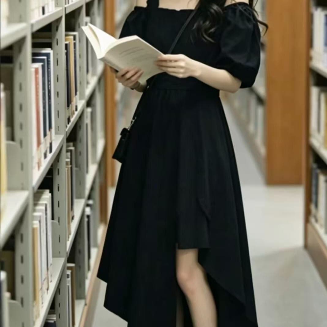 빅 사이즈 프랑스식 그는 벤 바람이 아닙니다. 규칙 오프숄더 드레스 여름 마이크로 지방 mm 허리 수축 슬림해 보이는 레이스 슬립 작은 검은 드레스 이미지 5