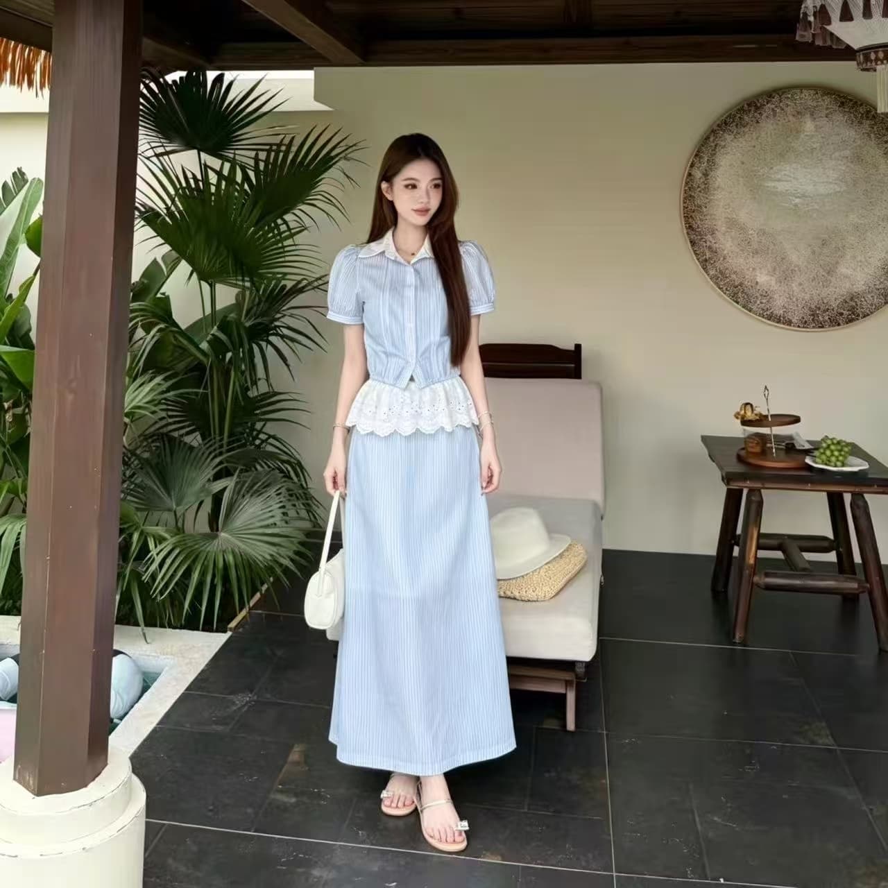 even 하나 원자바오 패션 신문 한 부서 높음 지혜 맨위 반 스커트 투피스 세트 블루 스트라이프 셔츠 치마 세트 상세 이미지 4