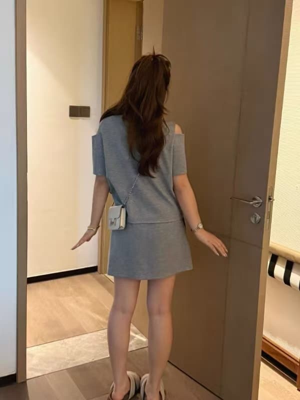 난 머리말 출처 어린이 마이크로 지방 여성 의류 빅 사이즈 지방 mm 슬림해 보이는 여름 드레스 패션 반팔 티셔츠 반신 치마 세트 투피스 세트 이미지 5