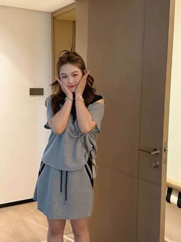 난 머리말 출처 어린이 마이크로 지방 여성 의류 빅 사이즈 지방 mm 슬림해 보이는 여름 드레스 패션 반팔 티셔츠 반신 치마 세트 투피스 세트 이미지 2