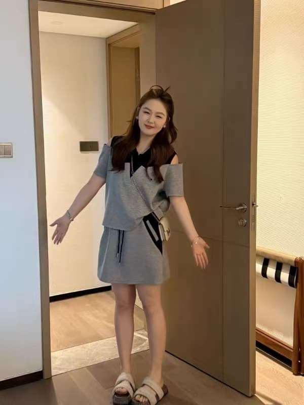 난 머리말 출처 어린이 마이크로 지방 여성 의류 빅 사이즈 지방 mm 슬림해 보이는 여름 드레스 패션 반팔 티셔츠 반신 치마 세트 투피스 세트 이미지 4
