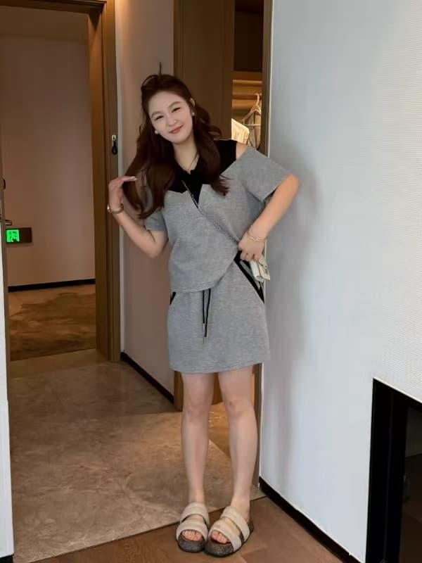 난 머리말 출처 어린이 마이크로 지방 여성 의류 빅 사이즈 지방 mm 슬림해 보이는 여름 드레스 패션 반팔 티셔츠 반신 치마 세트 투피스 세트 상세 이미지 5