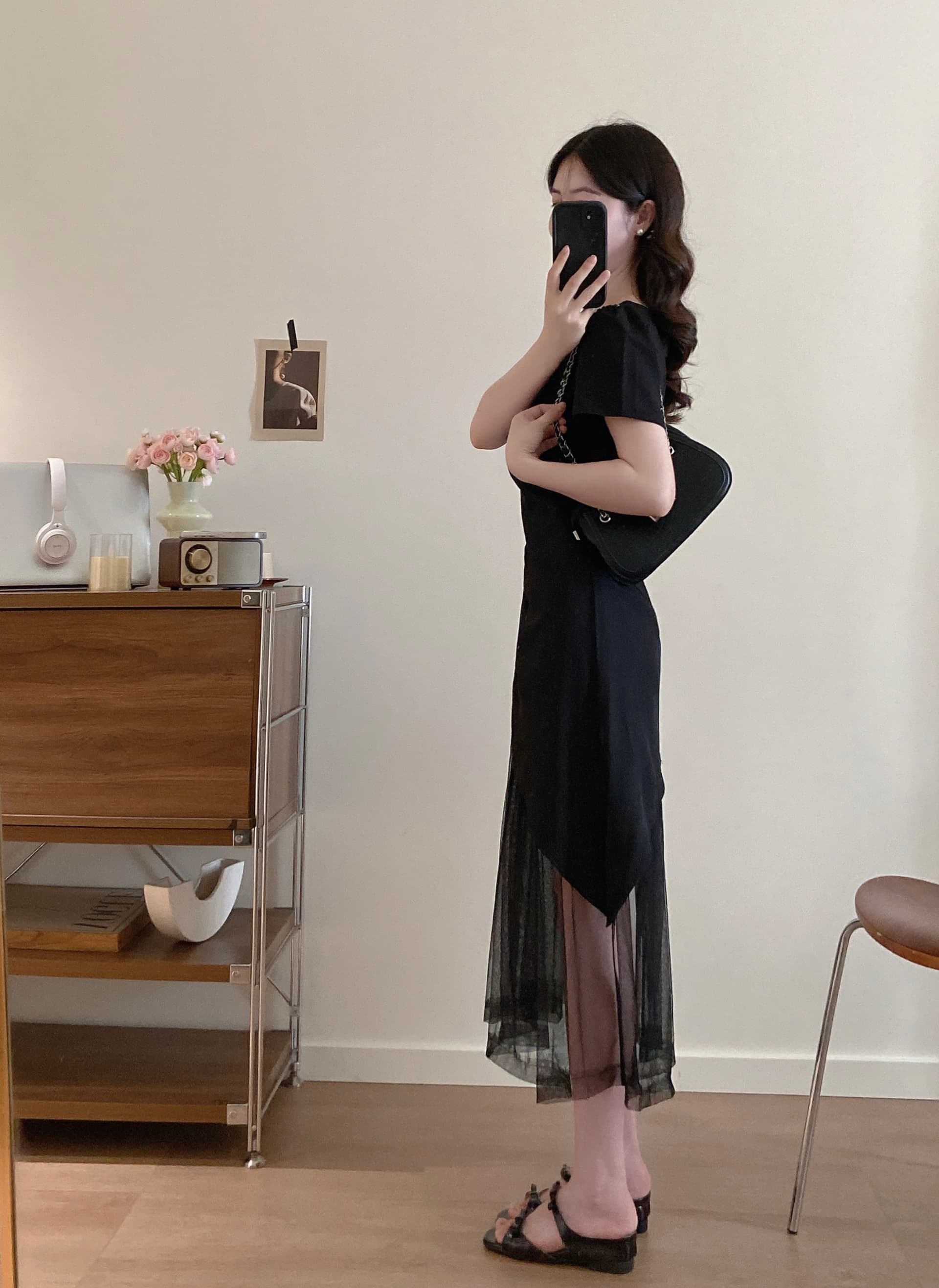 실사 새로운 프랑스식 광장 칼라 검정색 반팔 점프 슈트 치마 여성 의류 여름 특별 아름다운 꼬집기 허리 망사 롱 스커트 상세 이미지 11