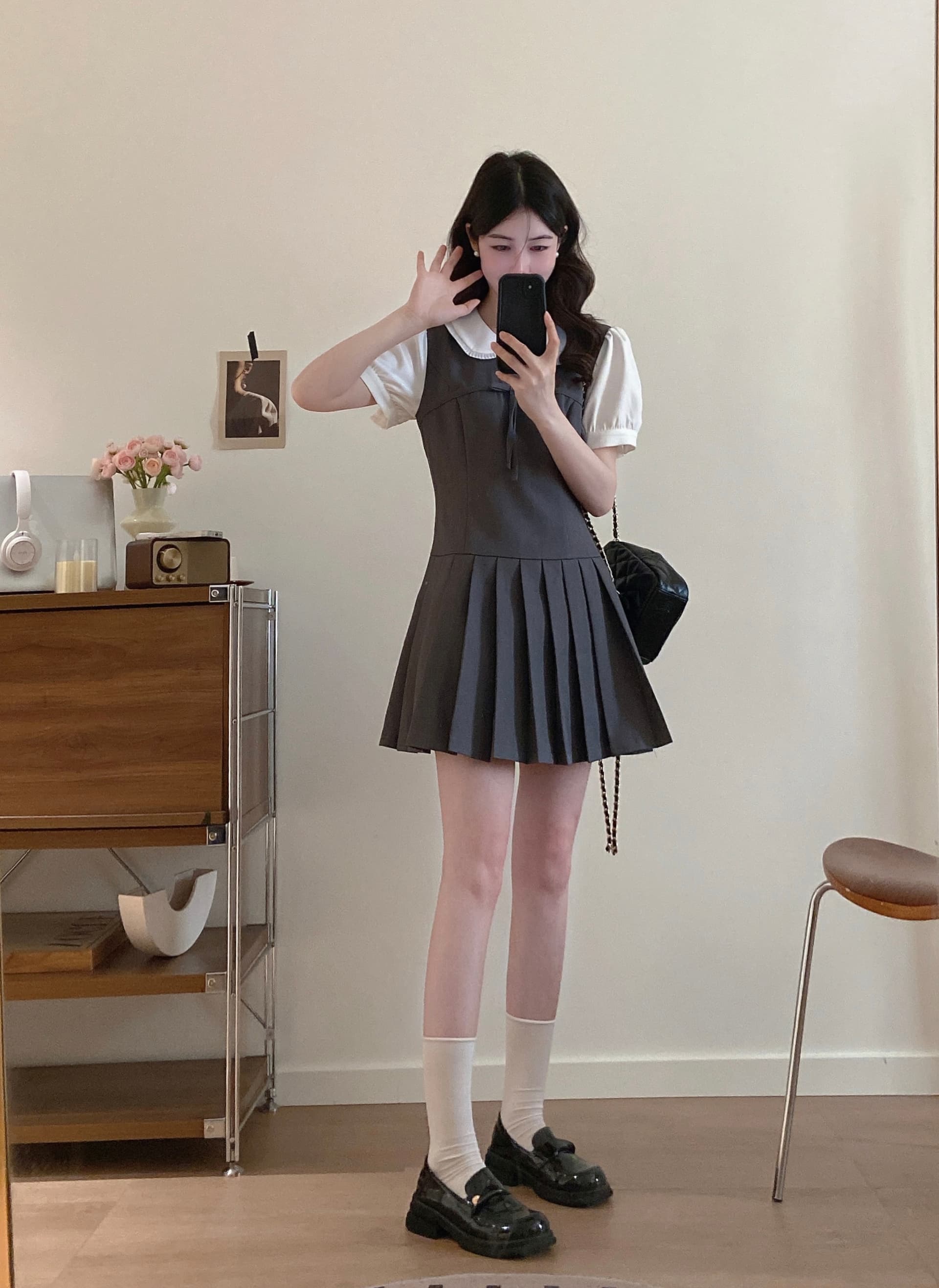 실사 even 하나 원자바오 m1u 부서 작은 한 부서 높음 지혜 센스 페이크 레이어드 드레스 여름 허리 수축 슬림해 보이는 플리츠 미니 스커트 상세 이미지 3