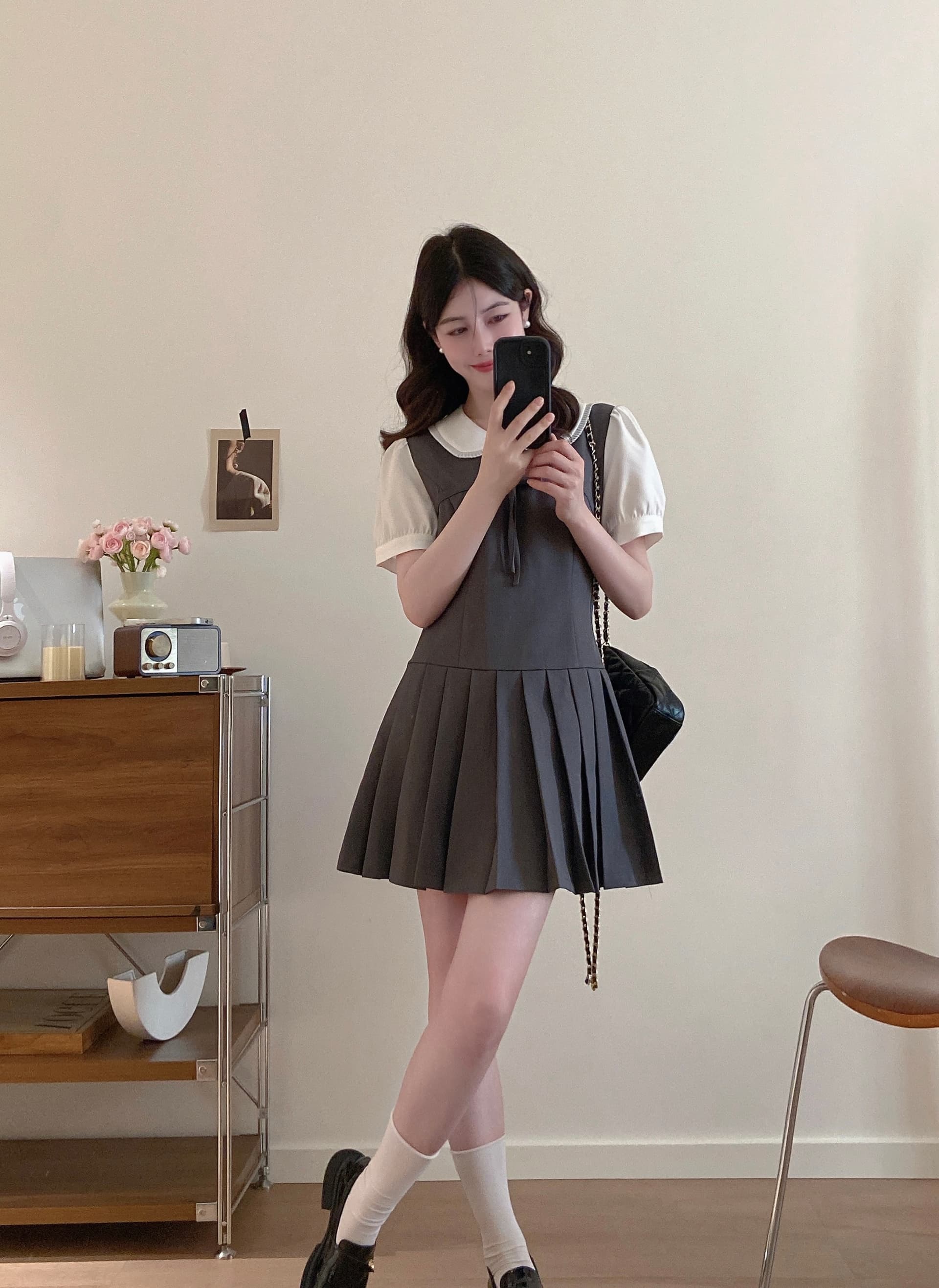 실사 even 하나 원자바오 m1u 부서 작은 한 부서 높음 지혜 센스 페이크 레이어드 드레스 여름 허리 수축 슬림해 보이는 플리츠 미니 스커트 상세 이미지 6